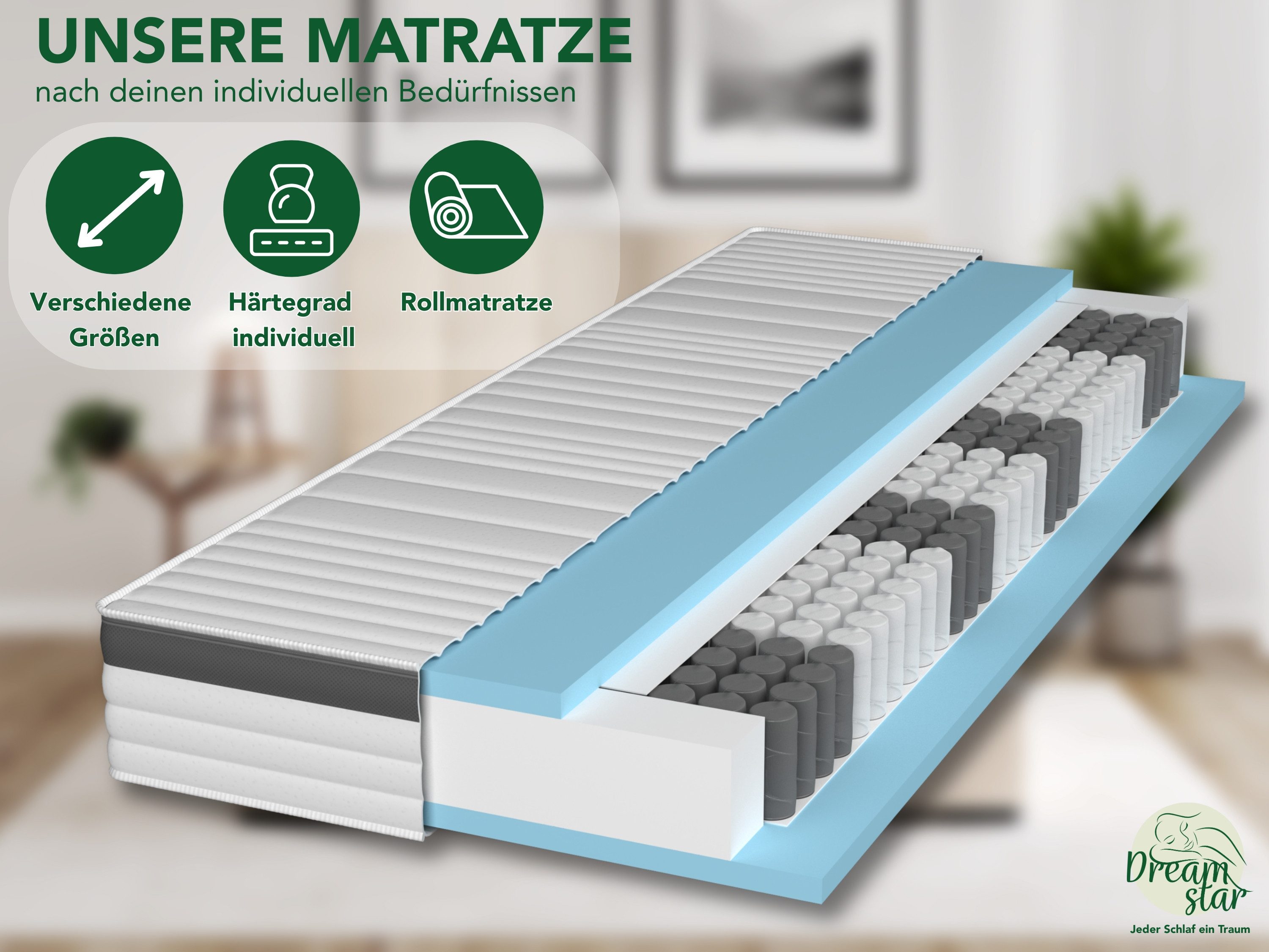 Taschenfederkernmatratze Luxusmatratze, 7-Zonen Federkernmatratze, verschiedene Höhen&Härten, Dreamstar, 21 cm hoch, ergonomische Körperanpassung, 7 Schichten, atmungsaktiv, H2, H3 & H4