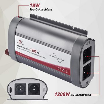 Sunstone Power Spannungswandler 1200W Reiner Sinus Wechselrichter (2400W Surge) DC 12V auf AC 230V, 2 Steckdosen, 2 USB-Anschlüsse, 1 LCD-Display