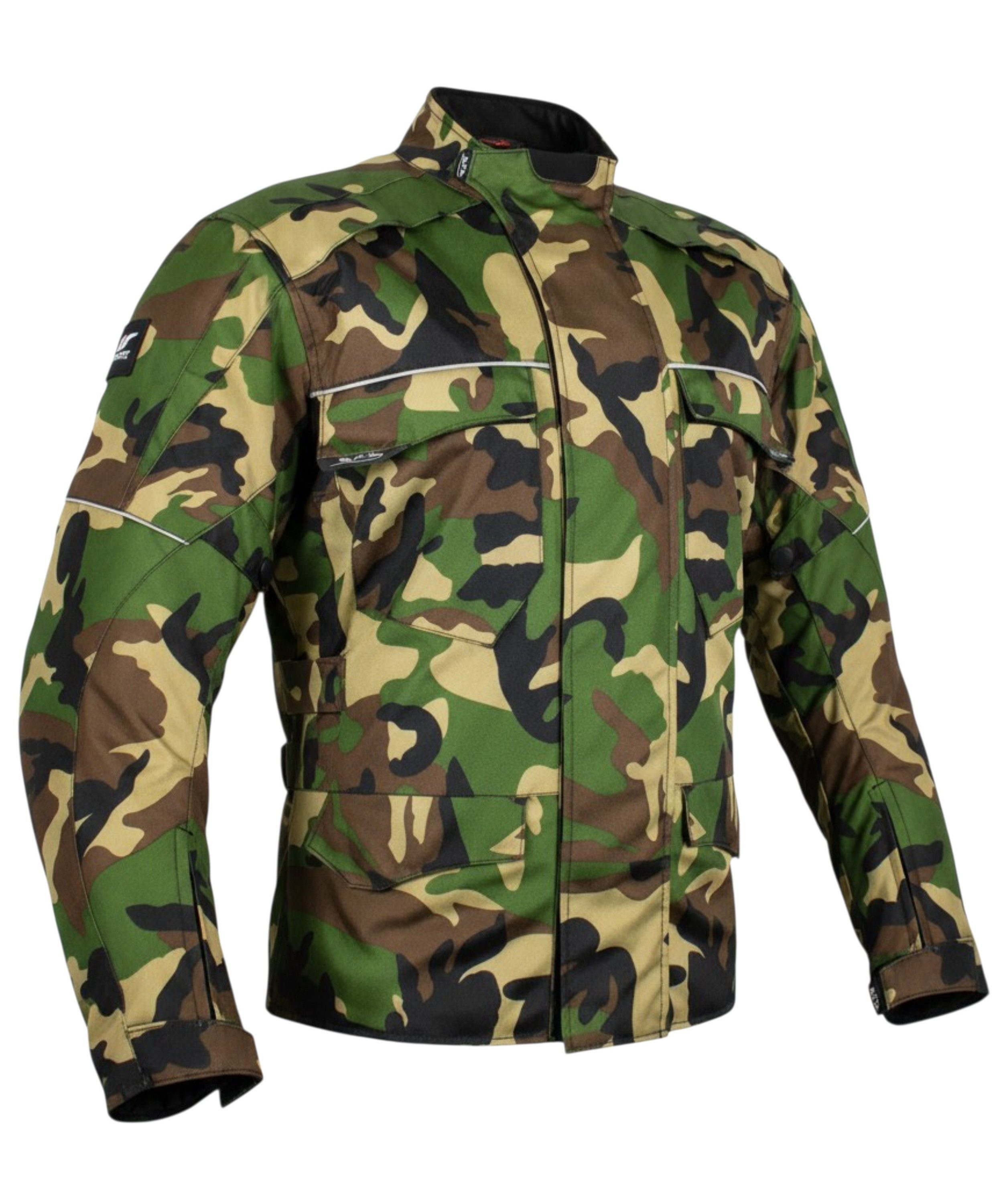MDM Motorradjacke Motorrad Textiljacke Herren Camo wasserdicht mit Protektoren (Camo Motorradjacke mit Membran, Belüftung und CE-Protektoren) im Camo-Look mit herausnehmbarem Innenfutter
