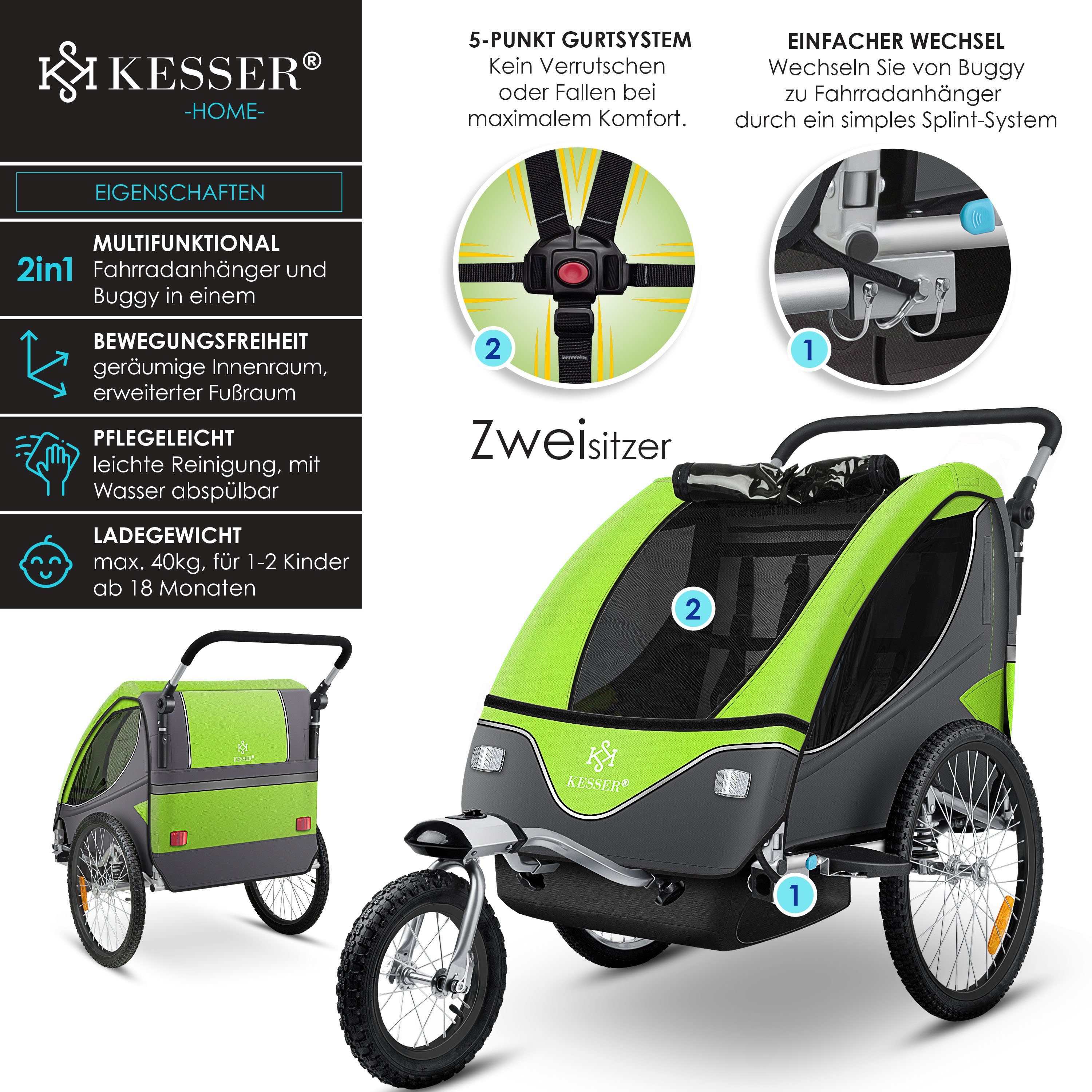 KESSER Fahrradkinderanhänger, Kinderanhänger Fahrradanhänger 360° Drehbar mit Feder