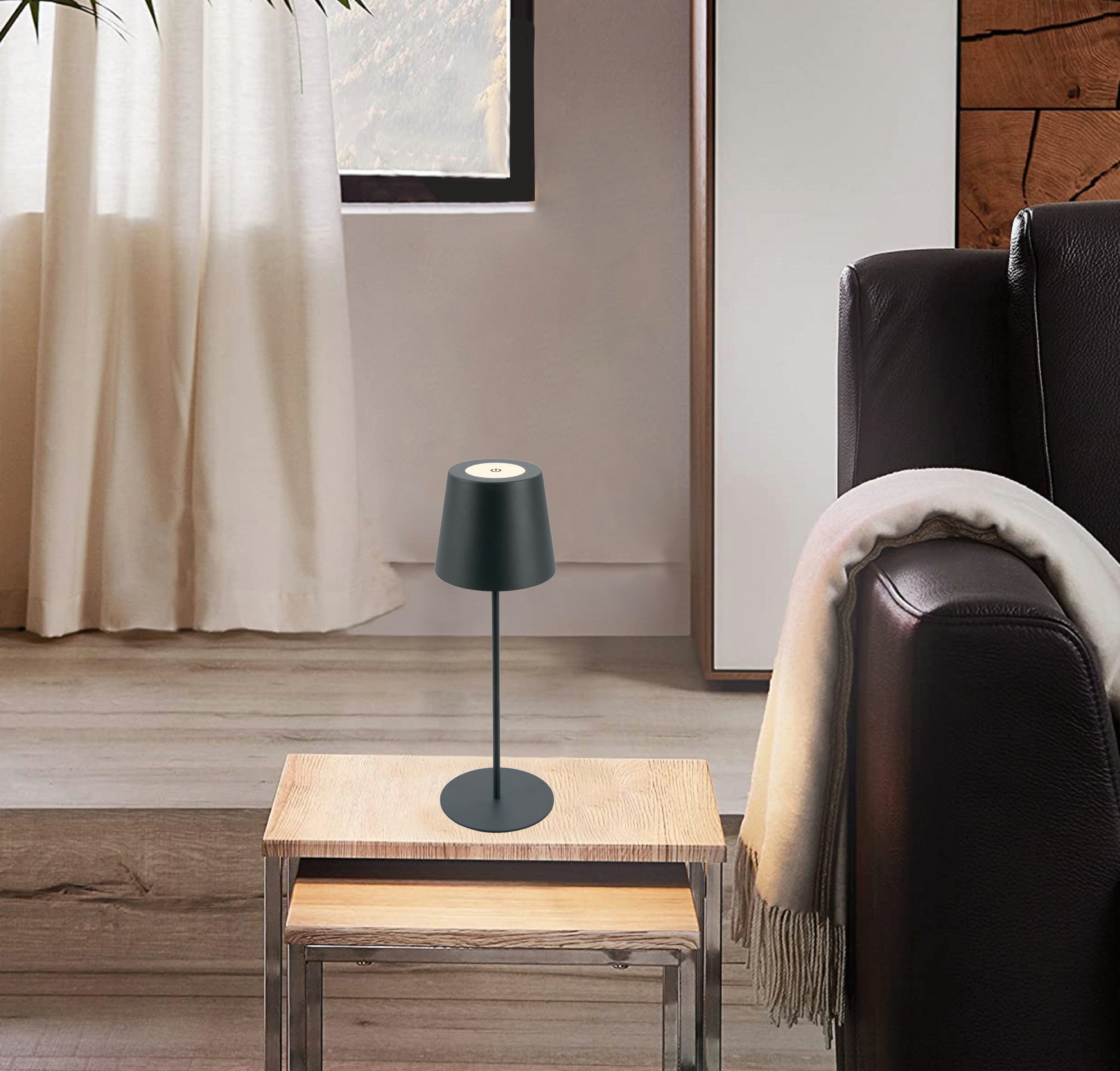 TRANGO LED Tischleuchte, Anthrazit LED Tischlampe 2017-03A kabellos & Touch stufenlos dimmbar 3 Watt 2700K warmweiß IP44 Spritzwassergeschützt Tischleuchte Akku Aufladbar, für Schlafzimmer Garten Restaurant Bar Terrasse Camping