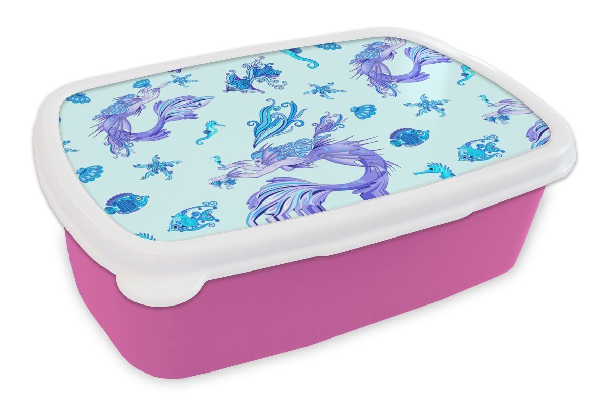 MuchoWow Lunchbox Muster - Fisch - Meerjungfrau, Kunststoff, (2-tlg), Brotbox für Erwachsene, Brotdose Kinder, Snackbox, Mädchen, Kunststoff rosa