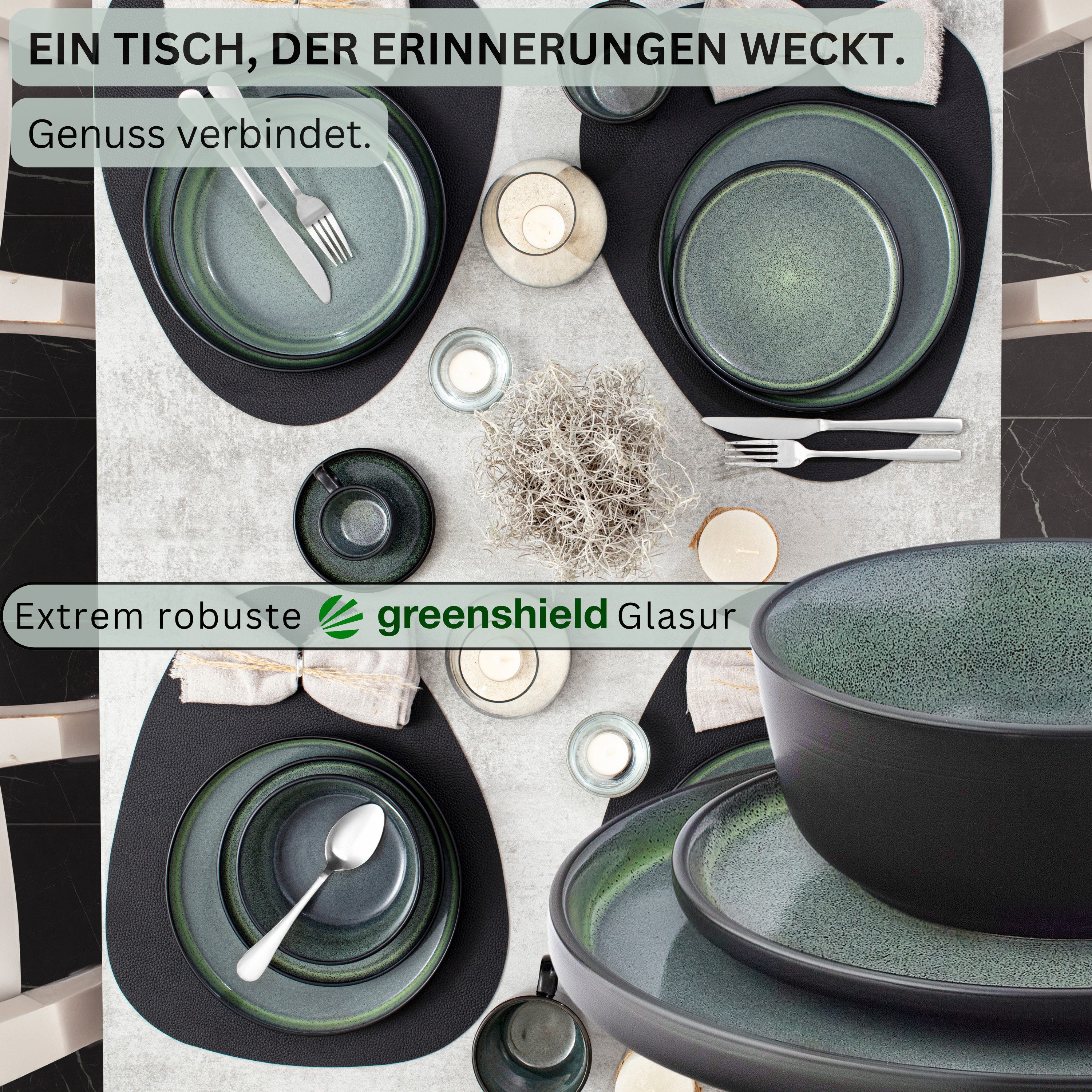 SÄNGER Tafelservice Malmö Geschirrset (24-tlg), 6 Personen, Steingut, Grün-Schwarz, Handmade, Erweiterbar, VALUE COLLECTION