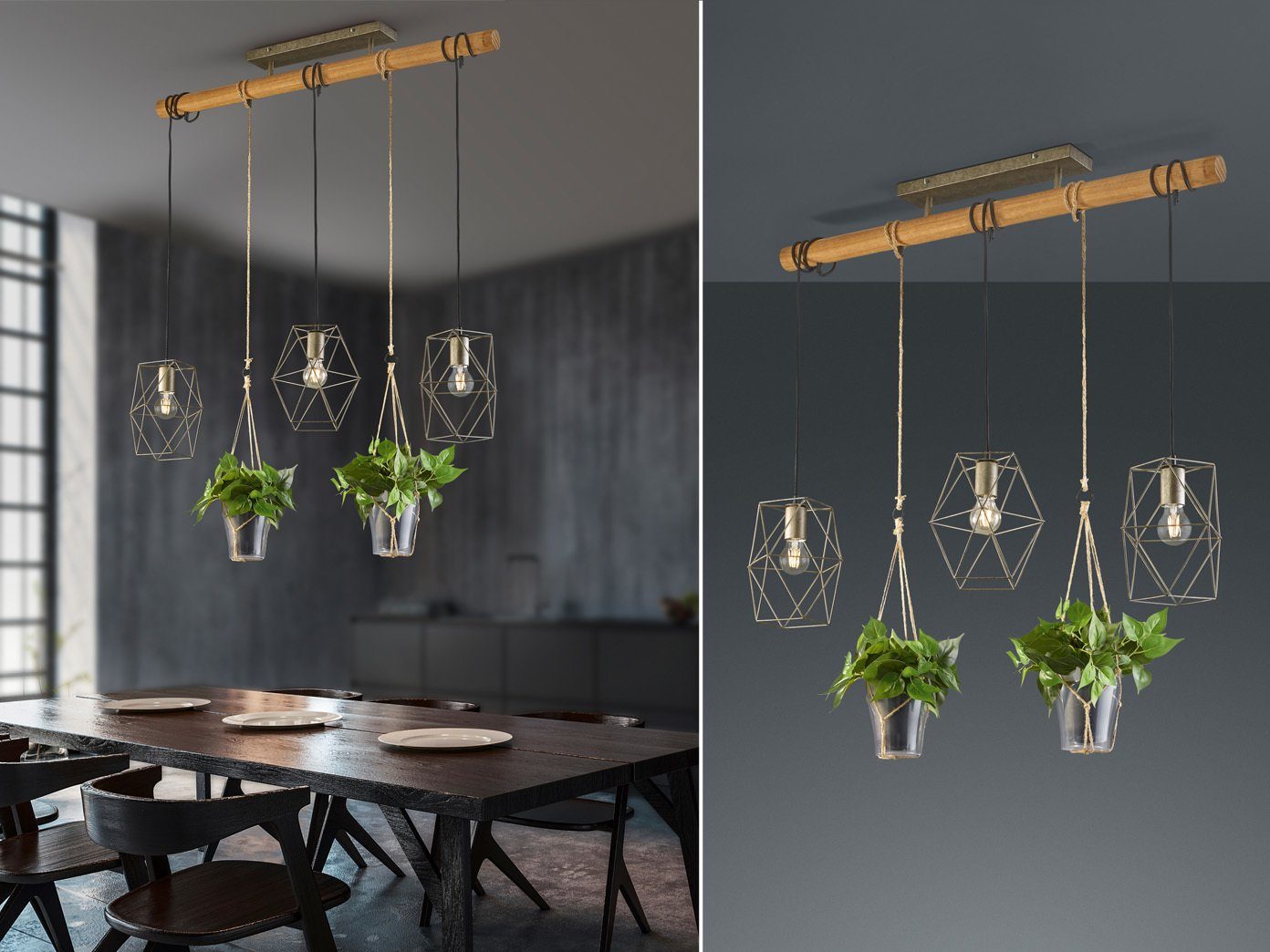 Design Decken Pendel Leuchte Esszimmer Holz Balken Seil Hänge Lampe 6-flammig 