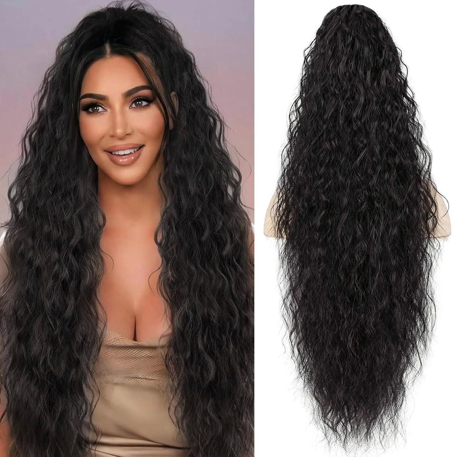 LuxusKollektion Kunsthaar-Extension Pferdeschwanz Haarteil Damen Wellig Lockig Clip 75cm Schwarz