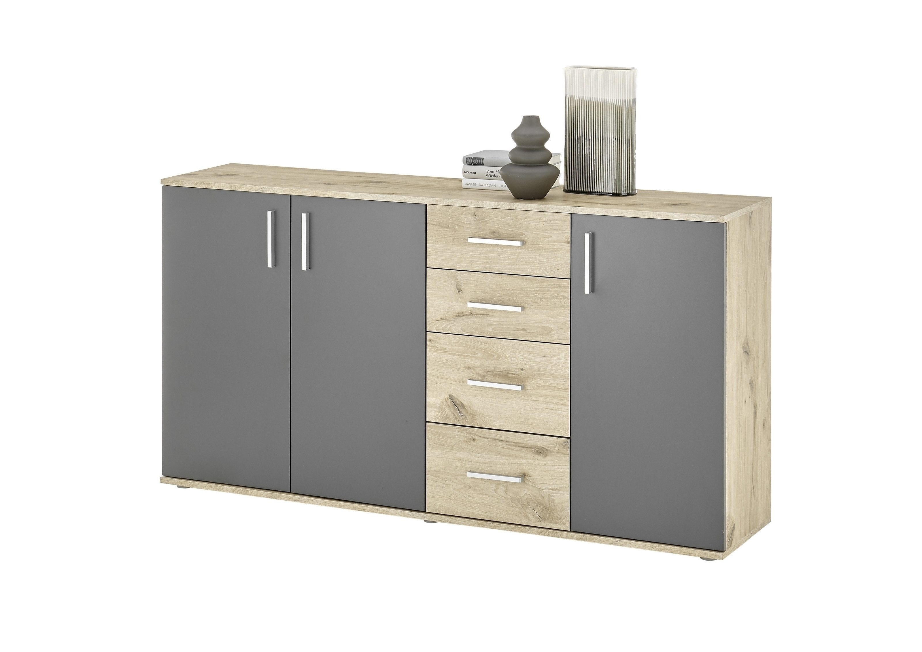 PREISBRECHER Sideboard BC 1040, 3 Türen, 4 Schubladen, viking oak Dekor / grau - 160x84x35cm (BxHxT)