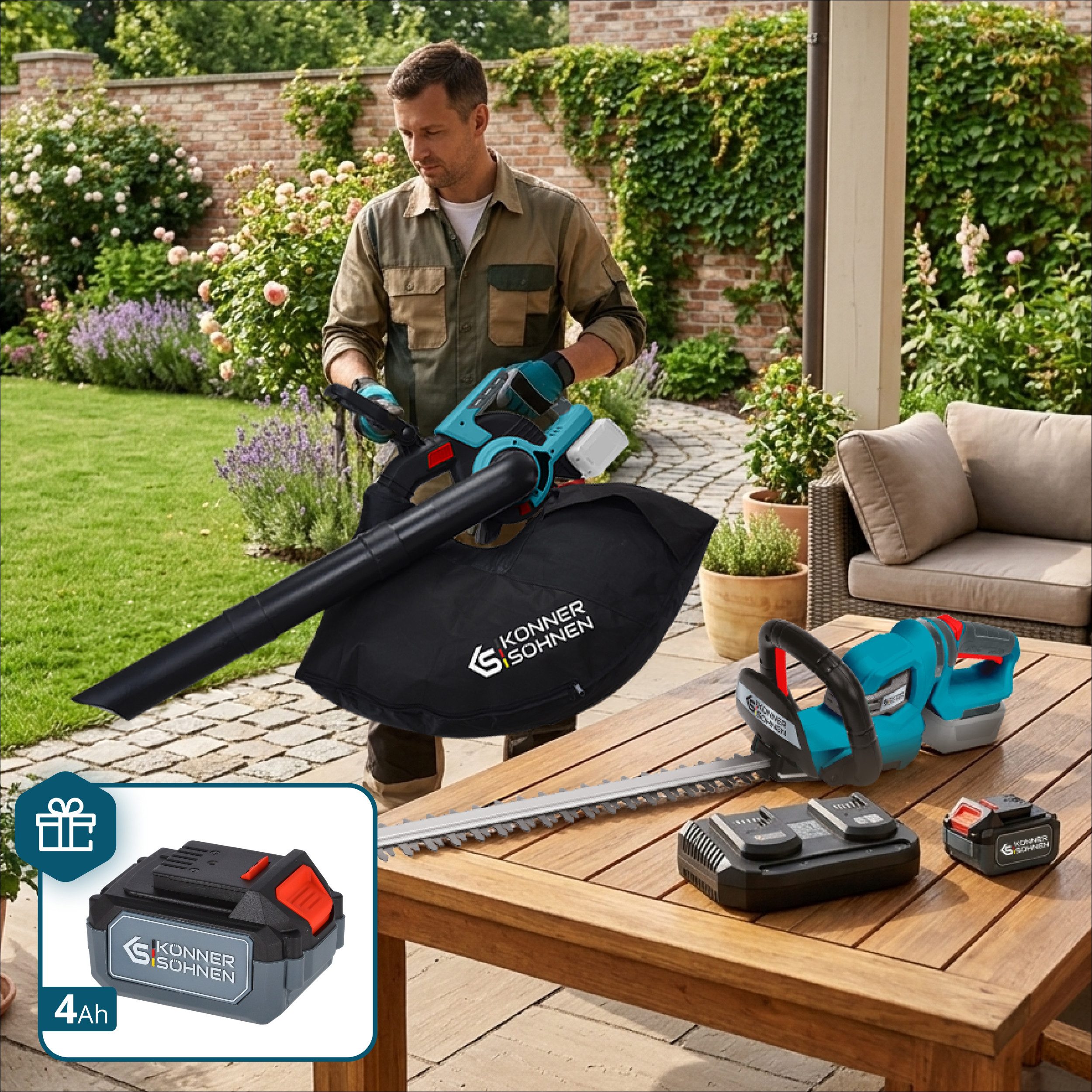Könner & Söhnen Akku-Handstaubsauger KS LBV-HT-SET, 3-in-1 Bläser-Sauger-Mulcher, 180° Drehgriff Heckenschere