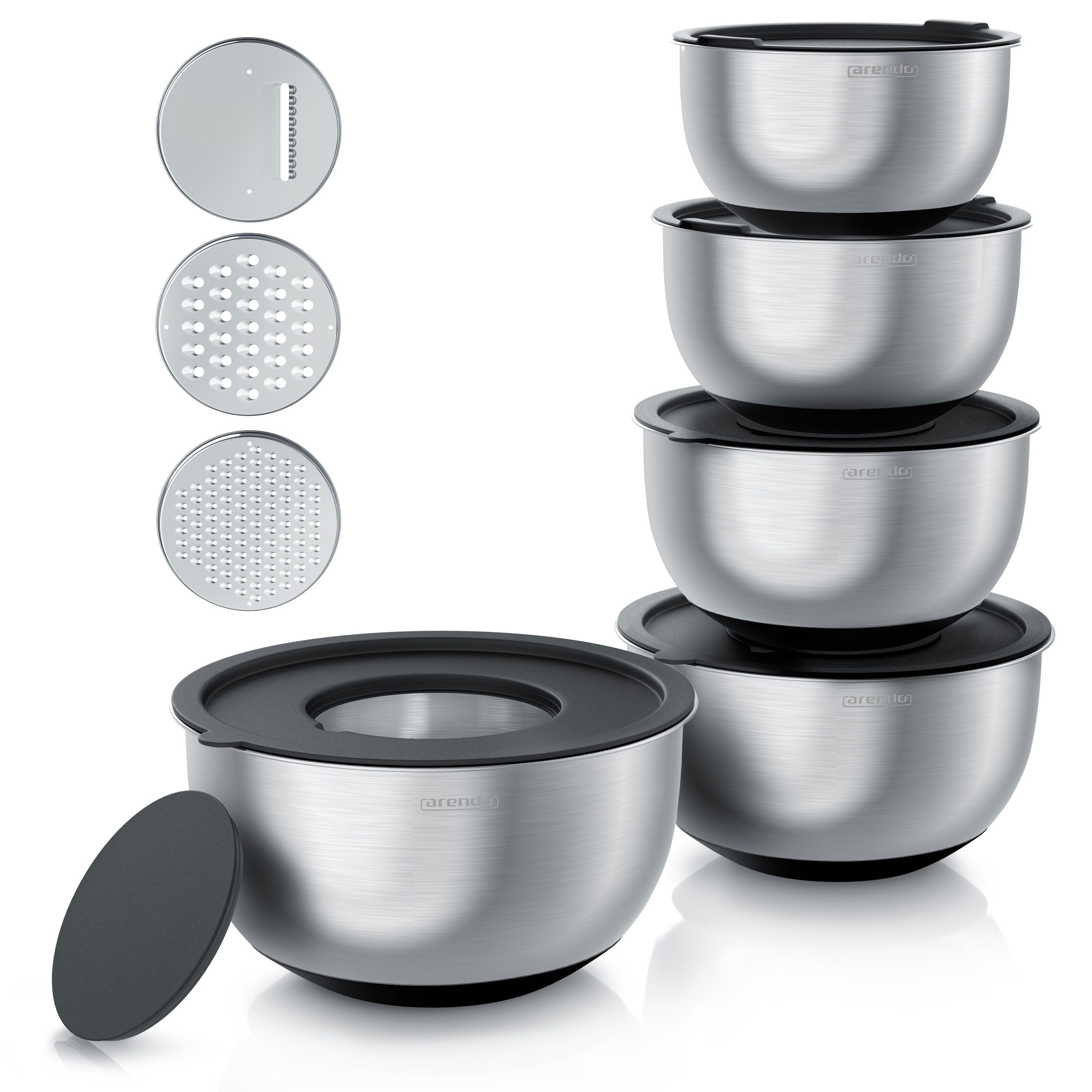 Arendo Salatschüssel 5er Set mit Deckel, Edelstahl Salatschüsseln 1,6 bis 5 L, Rührschüssel, Edelstahl, (Set, 5-tlg), Edelstahlschüssel, 3 Reibaufsätze spülmaschinengeeignet, BPA-frei