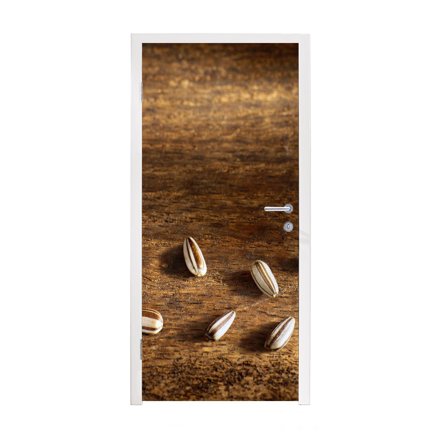 Türtapete Tür, cm einem (1 bedruckt, Fototapete Sonnenblumenkerne MuchoWow auf Holztisch, 75x205 schöne Matt, Zehn St), für Türaufkleber,