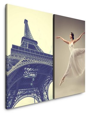Sinus Art Leinwandbild 2 Bilder je 60x90cm Ballerina Ballett Paris Frankreich Eiffelturm Kultur junge Frau