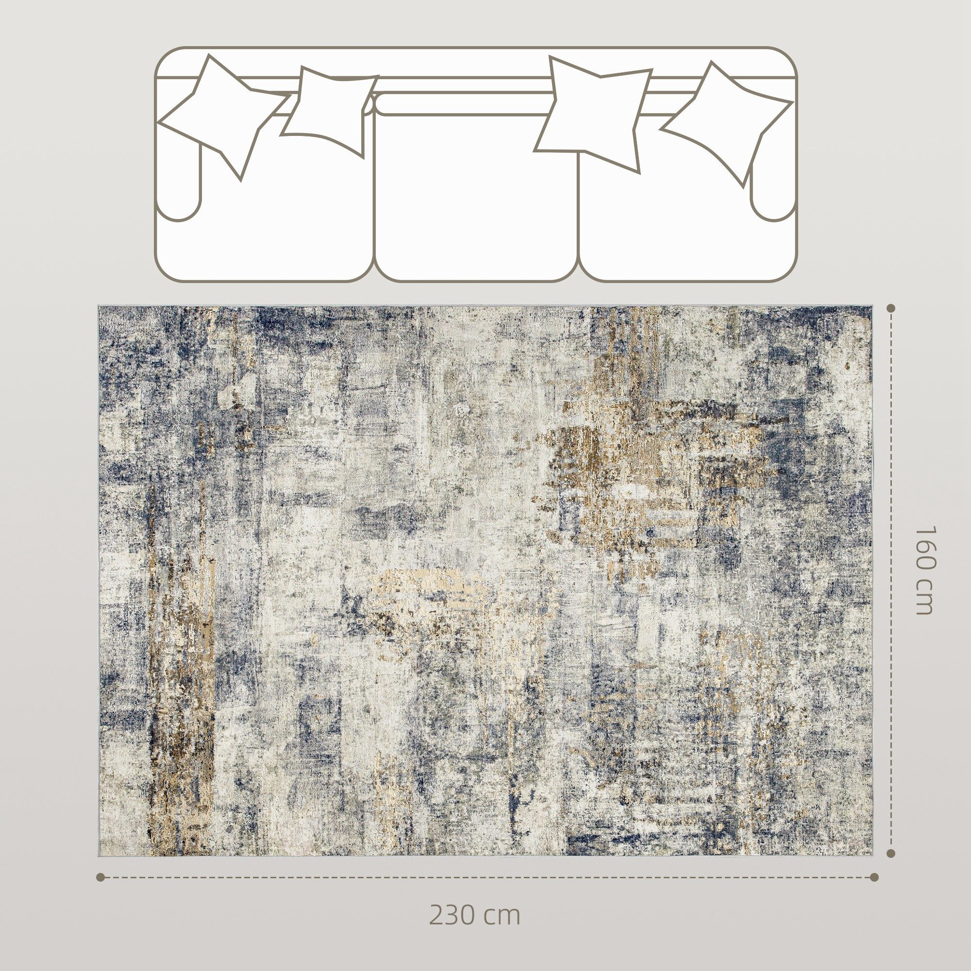 HOMCOM Teppich Teppich maschinenwaschbarer Wohnzimmerteppich rutschfester, Rechteckig, Höhe: 1 mm, für Wohnzimmer, Schlafzimmer, 230 x 160 cm, Grau