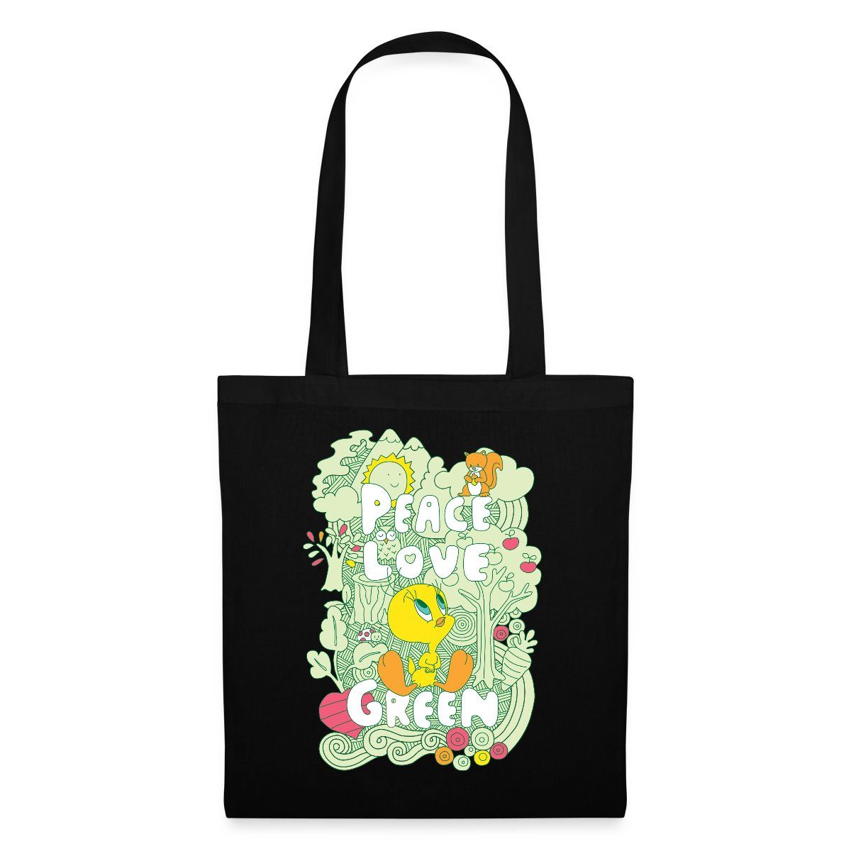 Spreadshirt Henkeltasche Looney Tunes Tweety Peace Love Green Design Stoffbeutel (1-tlg)