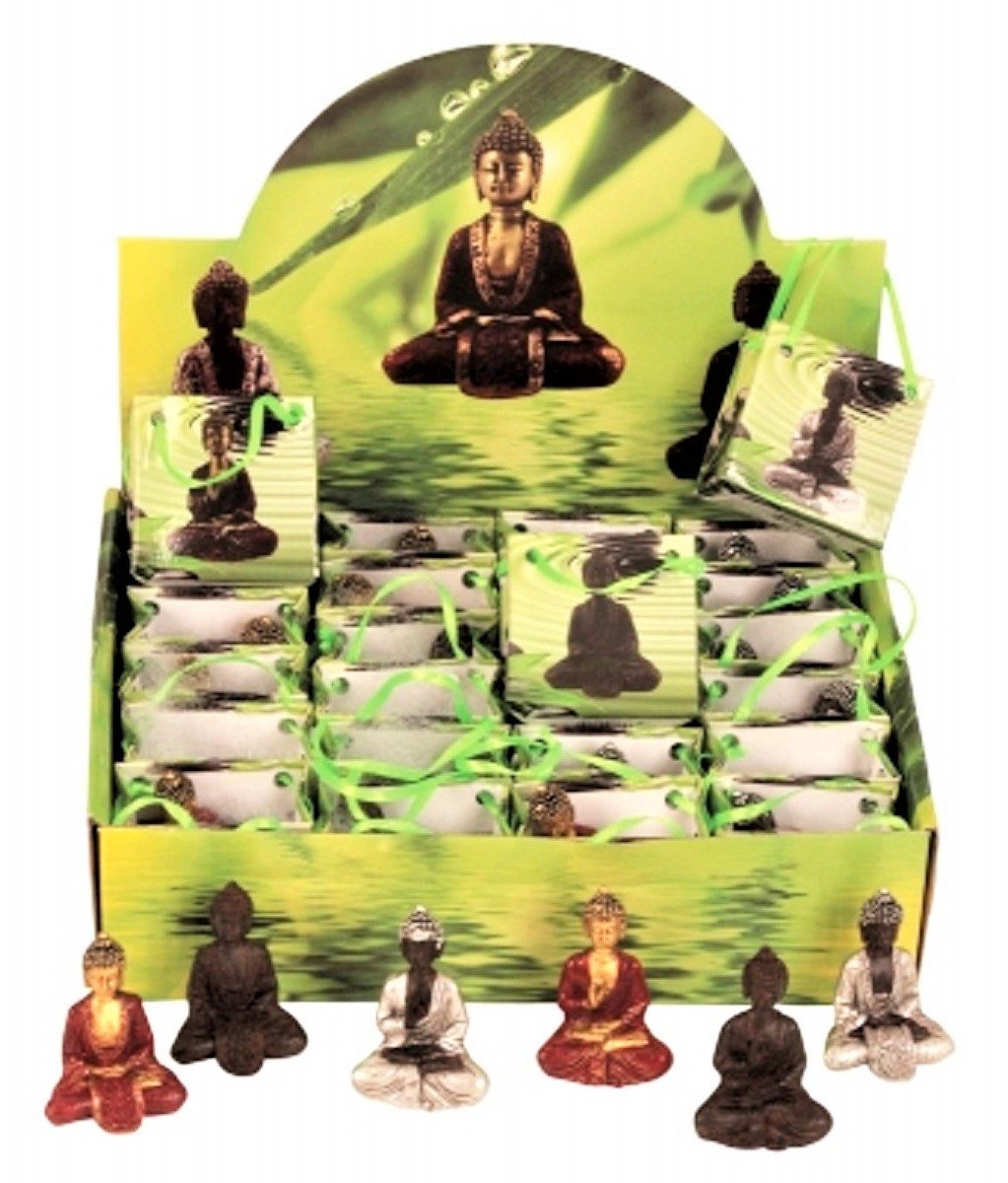 Geschenkestadl Buddhafigur 24 Mini Buddha Figuren 5 cm Display Glücksbringer Geschenk Set (Spar-Set, 6 x 4), 6 unterschiedliche Motive