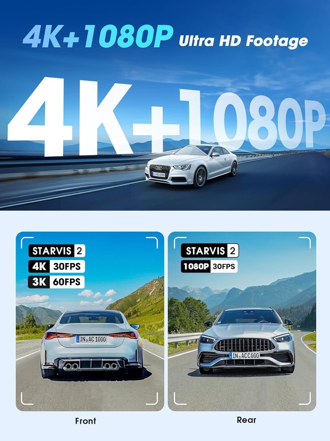 Athlix Z60 Pro 4K Dashcam mit Front- und Rückkamera, Dual-Kamera Dashcam (4K, 4G, 4K 60FPS HDR, Nachtsicht, WLAN, GPS) – Bild 3 von 5