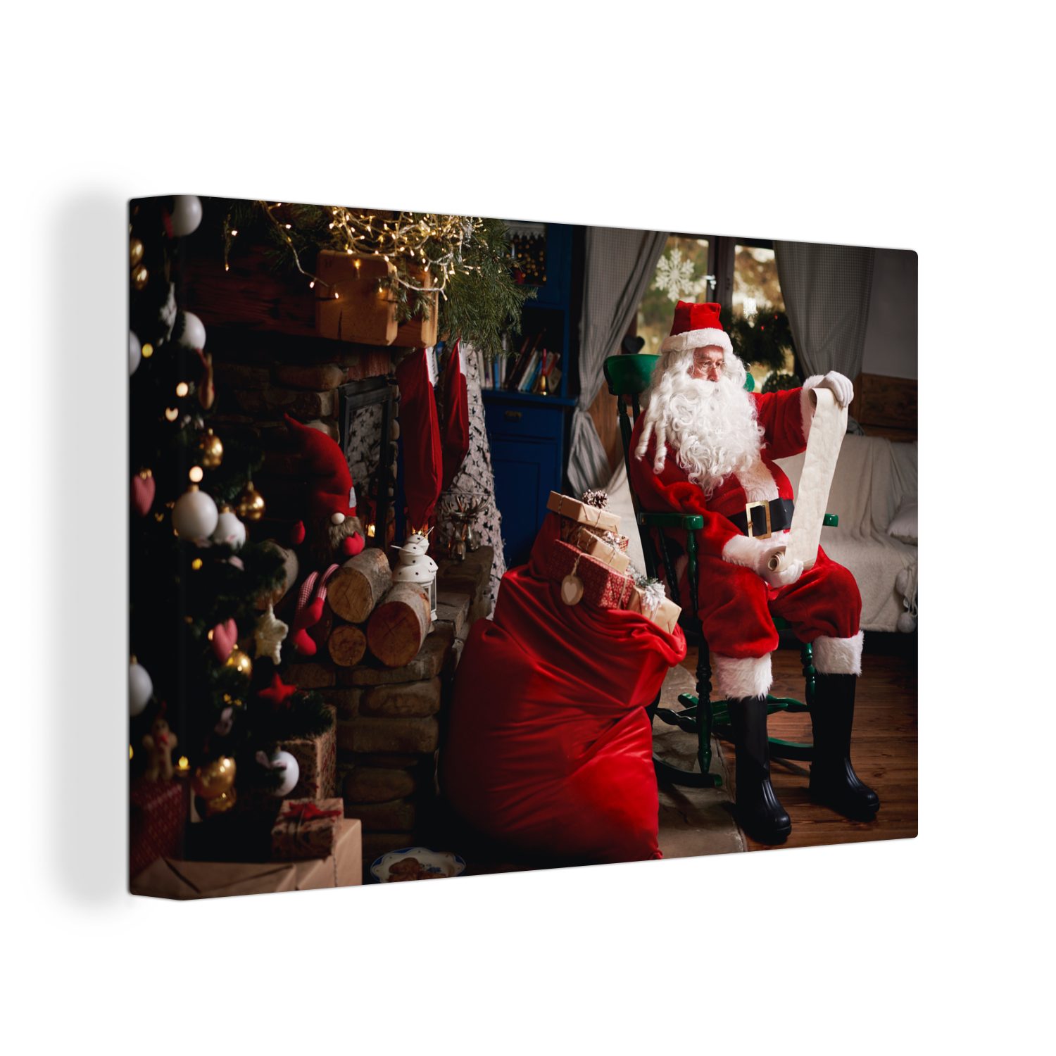 OneMillionCanvasses® Leinwandbild Der Weihnachtsmann sitzt auf einem Stuhl mit einem Sack voller, (1 St), Wandbild für alle Wohnbereiche, Gemälde, XXL, großes, 120x80 cm