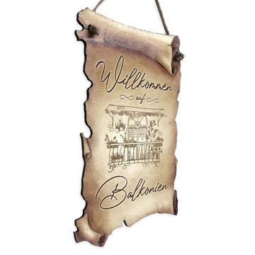 Kreative Feder Wanddekoobjekt Deko-Schild „Balkonien“ aus Holz in Schriftrollen-Optik, mit Motiv & Spruch, ideales Geschenk für Freunde & Familie