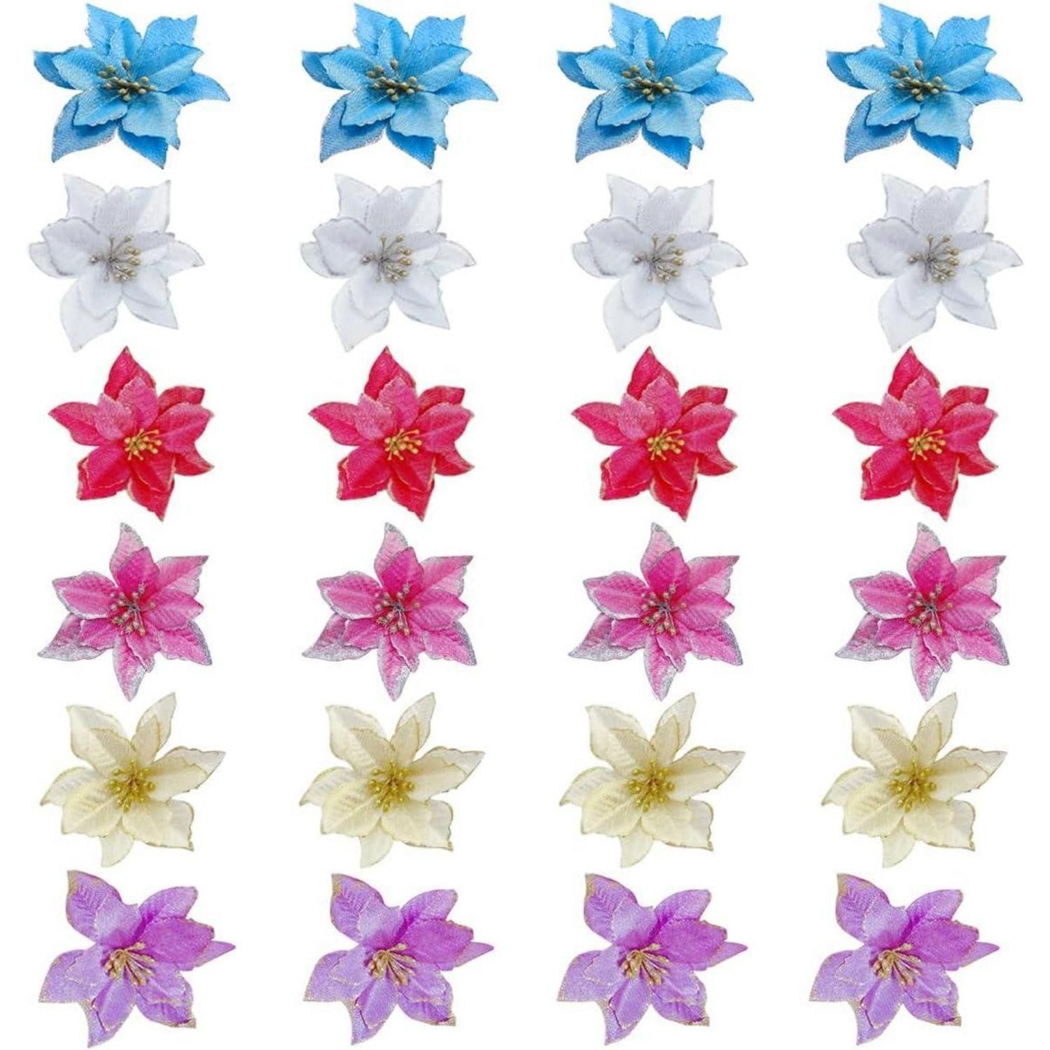 Baumbehang 24er Set Weihnachtsblumen Künstlich für Baum Deko - Glitzer Blumen in