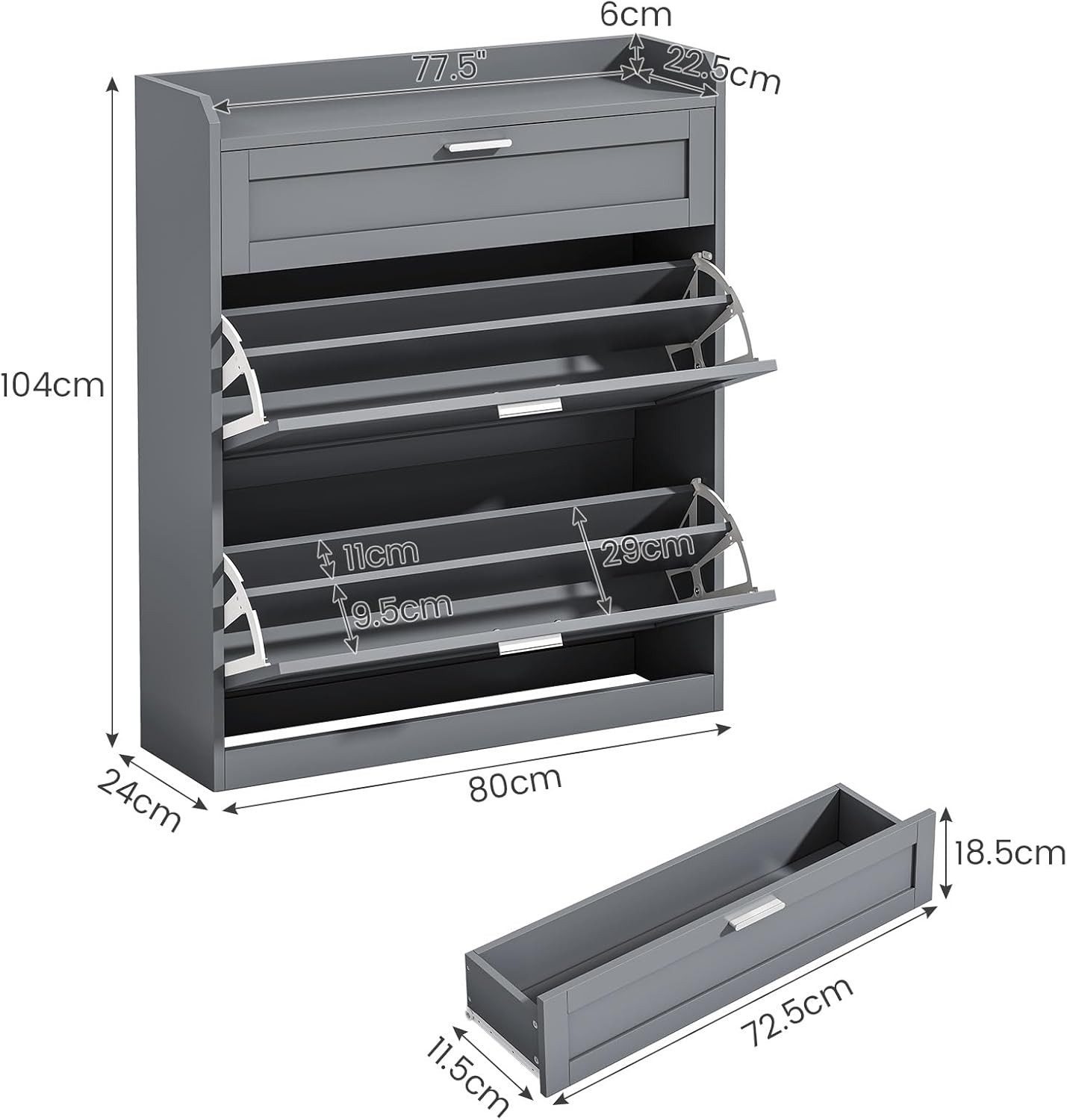 MSMASK Schuhschrank mit 2 Klappen, 24 x 80 x 104 cm Grau günstig online kaufen
