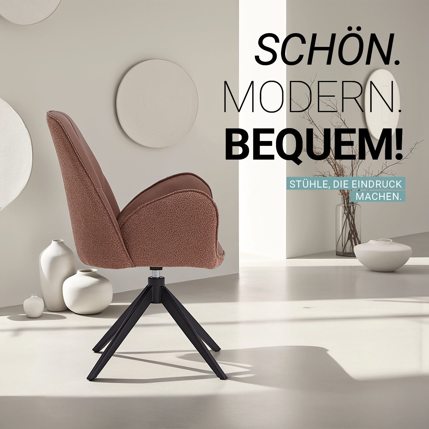 Homestyle4u Armlehnstuhl Esszimmerstuhl Bouclé Drehbar Braun Rückschwung Lounge Vintage (6er Set, Braun/Mocha Mousse, außen Bouclé Bezug, innen Kunstleder, drehbar, Rückschwung Funktion, 6 St), Essstuhl