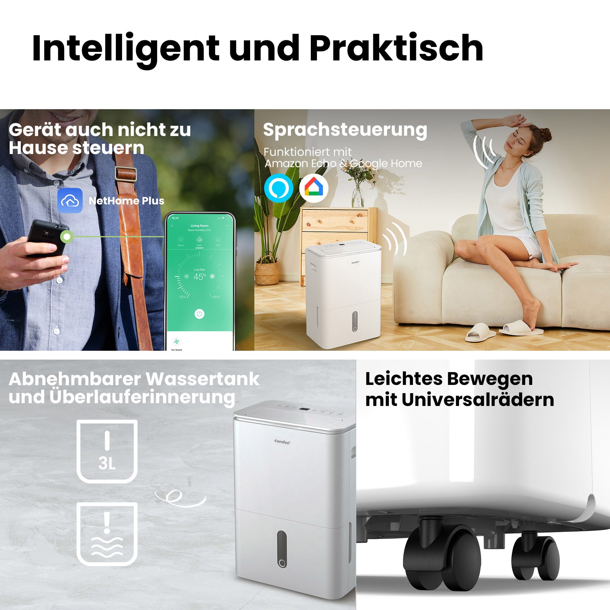 comfee Luftentfeuchter »Easy Dry 16« geeignet für Räume mit bis zu 32 m², Entfeuchtung 16 l/Tag, mit Trocknermodus, App -und Sprachsteuerung – Bild 4 von 5