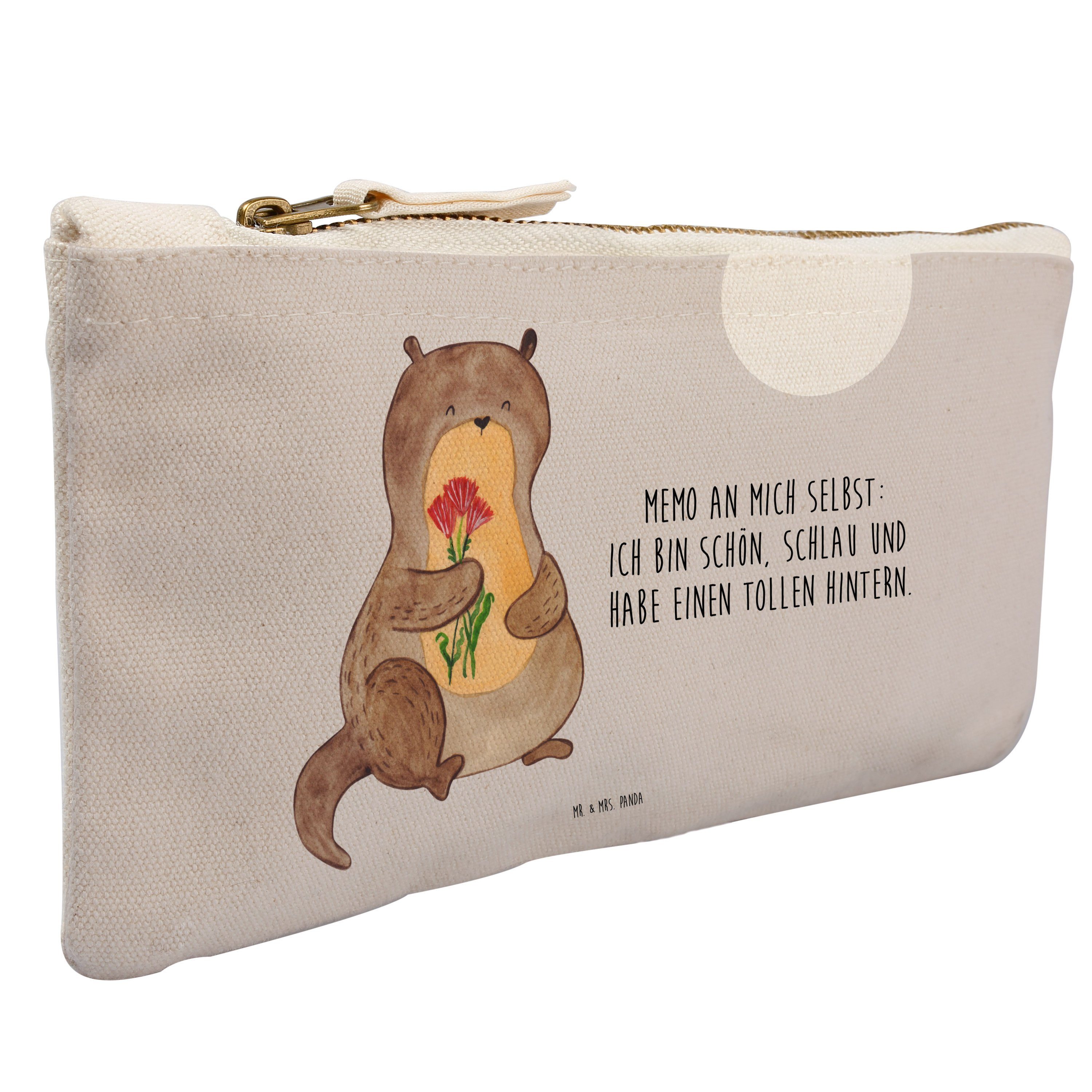 Kosmetiktasche Otter Blumenstrauß - Grau Pastell - Kosmetikbeutel, Makeup, Damen, Stiftemäppchen, Schminktasche klein (1-tlg)