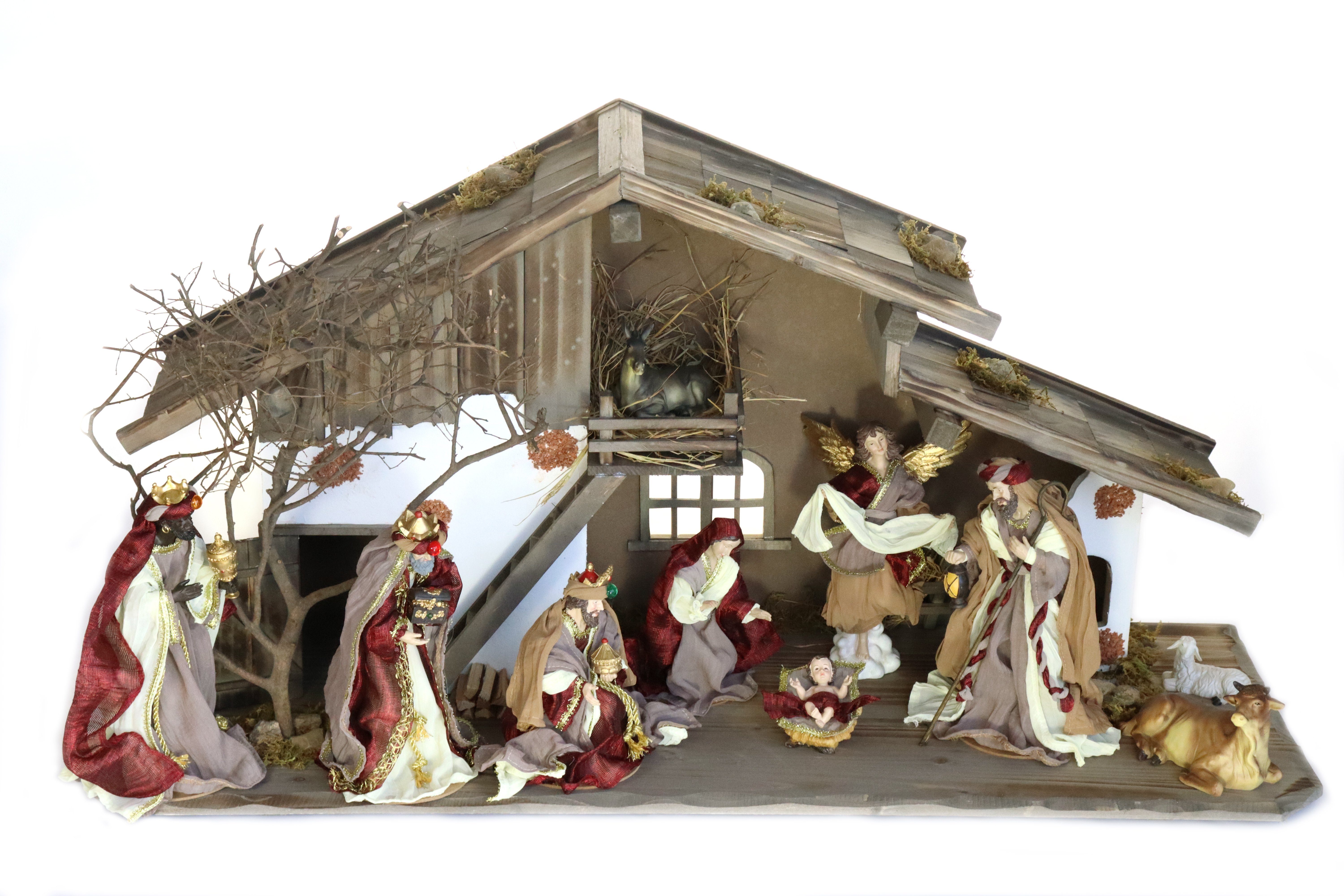 aus Holz, großer Weihnachtskrippe Holz Krippe zehn aus ELLUG Krippenstall, (MIT Kleidern (11-tlg), Figuren mit Krippenfiguren) 100*36*52cm