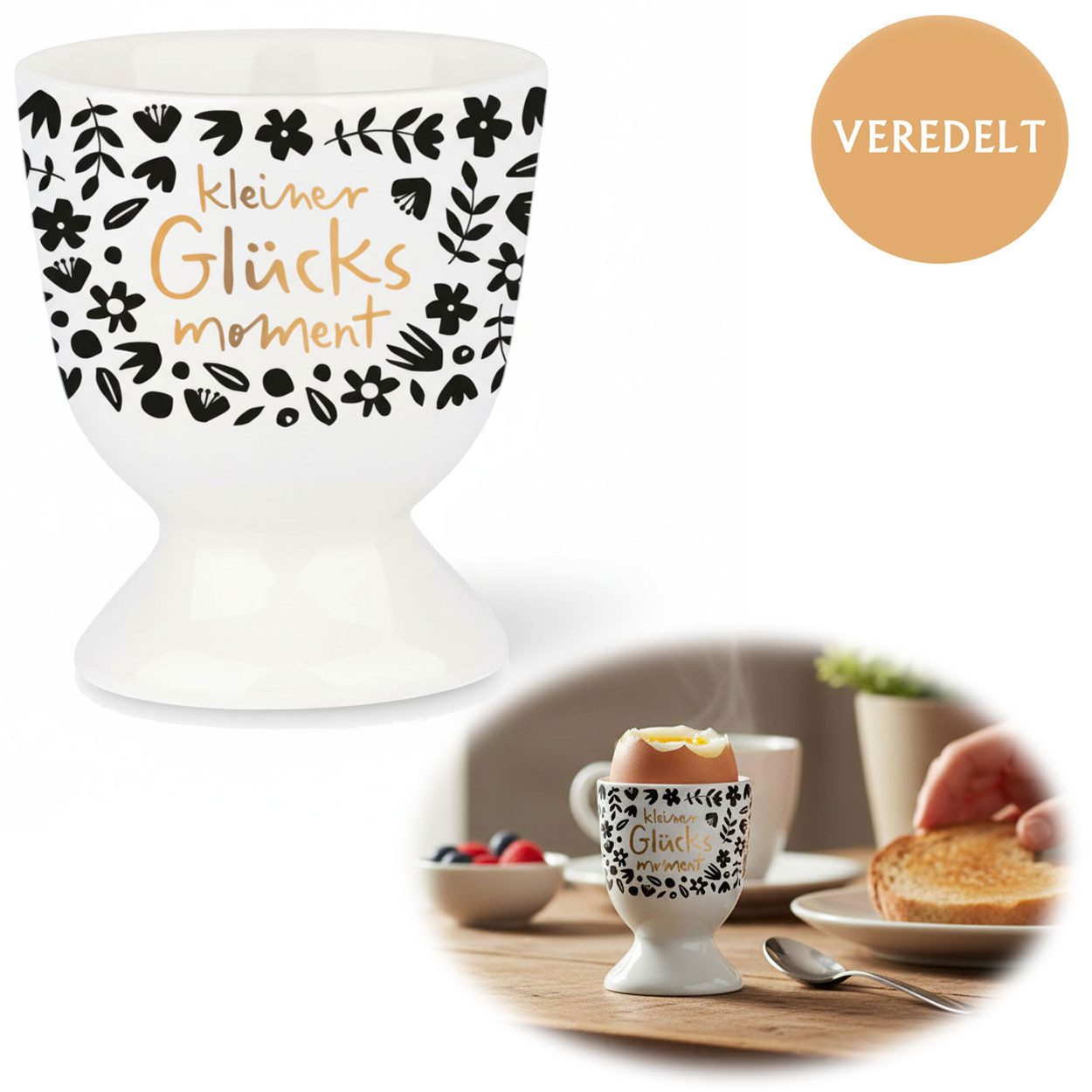 LS-LebenStil Eierbecher Eibecher Echt-Gold Spruch "kleiner Glücksmoment" Gute Laune Eierhalt, (Exklusiver edler Eihalter, perfekte Deko am Frühstückstisch, 1-tlg., für das perfekte Frühstücksei, Geschenk zur Hochzeit, Verlobung), Muttertag, Vatertag, Ostern, Weihnachten