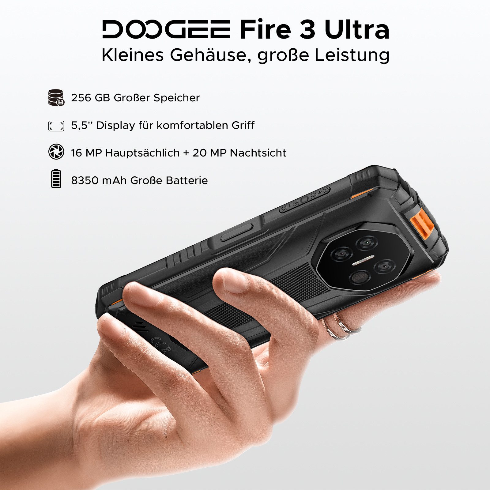 DOOGEE FIRE3ULTRA 5.5'' Android15 8350mAh 256GB Ohne Vertrag Outdoor Smartphone (5.5 Zoll, 256 GB Speicherplatz, 16 MP Kamera, 256GB,2TB TF, HD+/ 16MP AI Kamera, Dual SIM 4G/Widevine L1/Face ID)