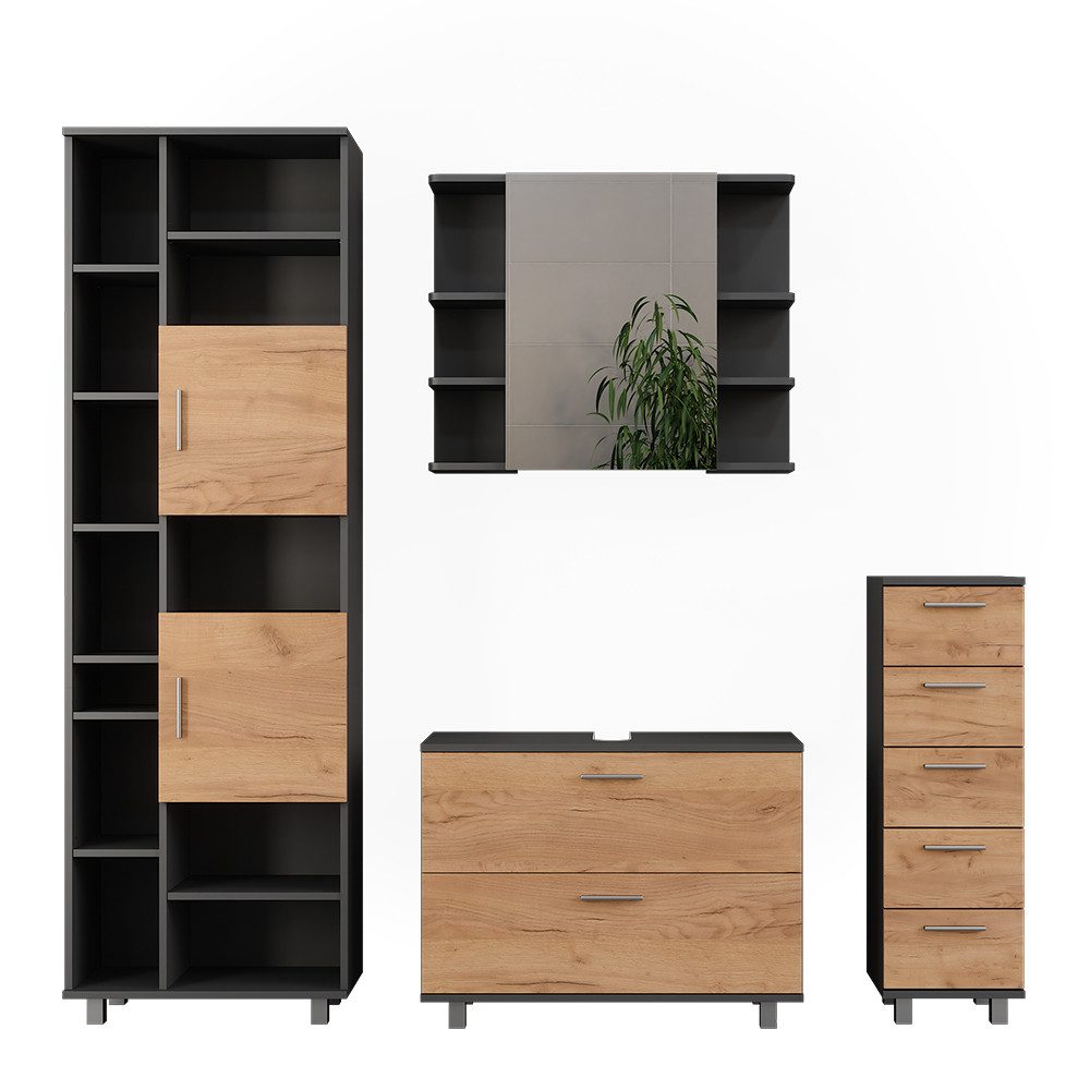Vicco Badmöbel-Set Ilias, Goldkraft Eiche/Anthrazit, 4-teilig, (4-St., 4er Set)