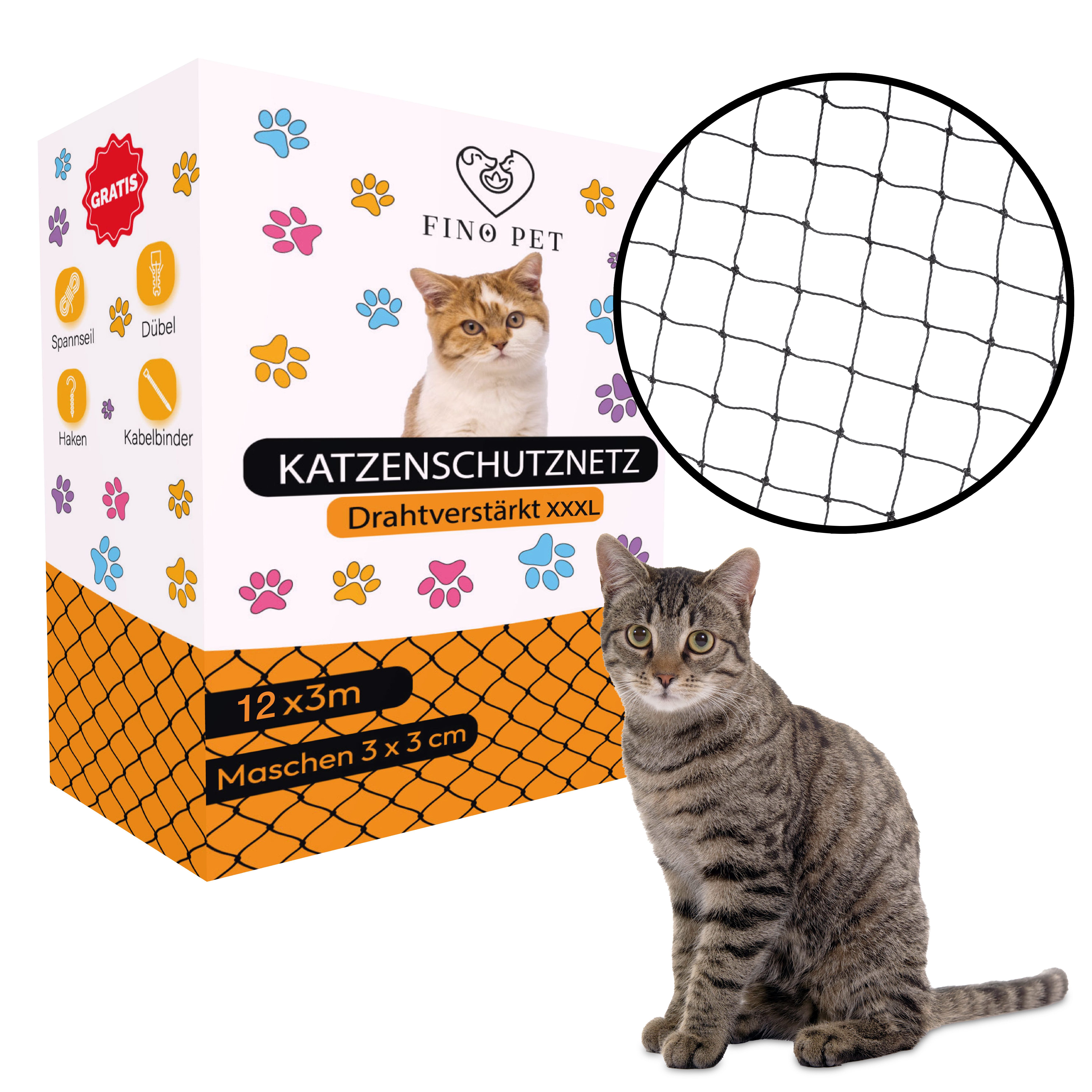 FinoPet Schutznetz FinoPet Katzennetz für Balkon drahtverstärkt ink. Befestigungsmaterial, BxL: 12x3 m, drahtverstärkt, inklusive Befestigungsmaterial, ohne bohren, schwarz