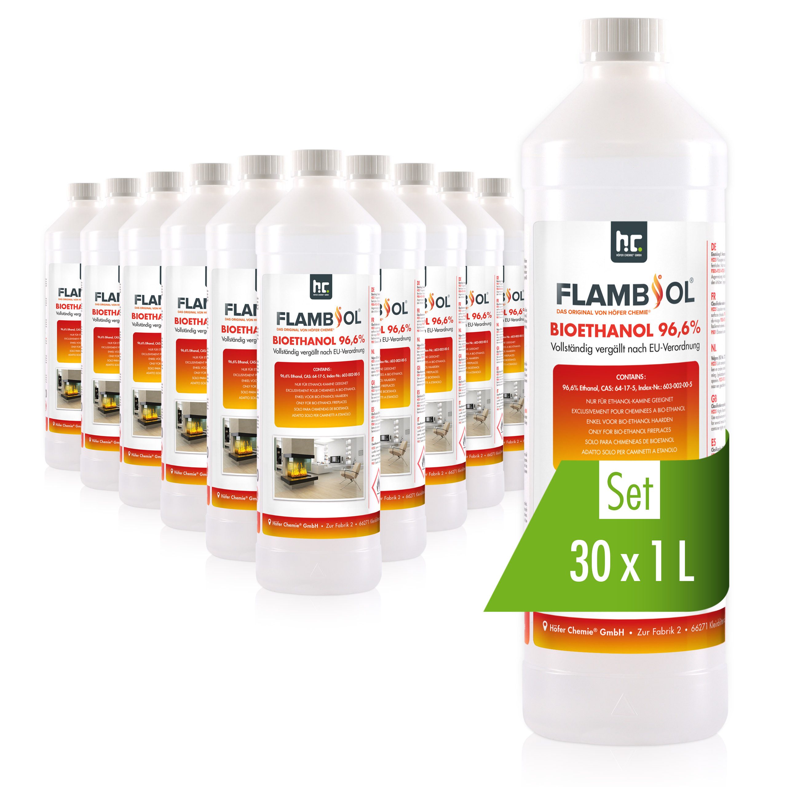 Höfer Chemie GmbH Bioethanol 30x 1 L FLAMBIOL® Bioethanol 96,6% Premium für Tischkamin, 30 l, (30-St), Saubere Verbrennung, geruchs- und rußfrei
