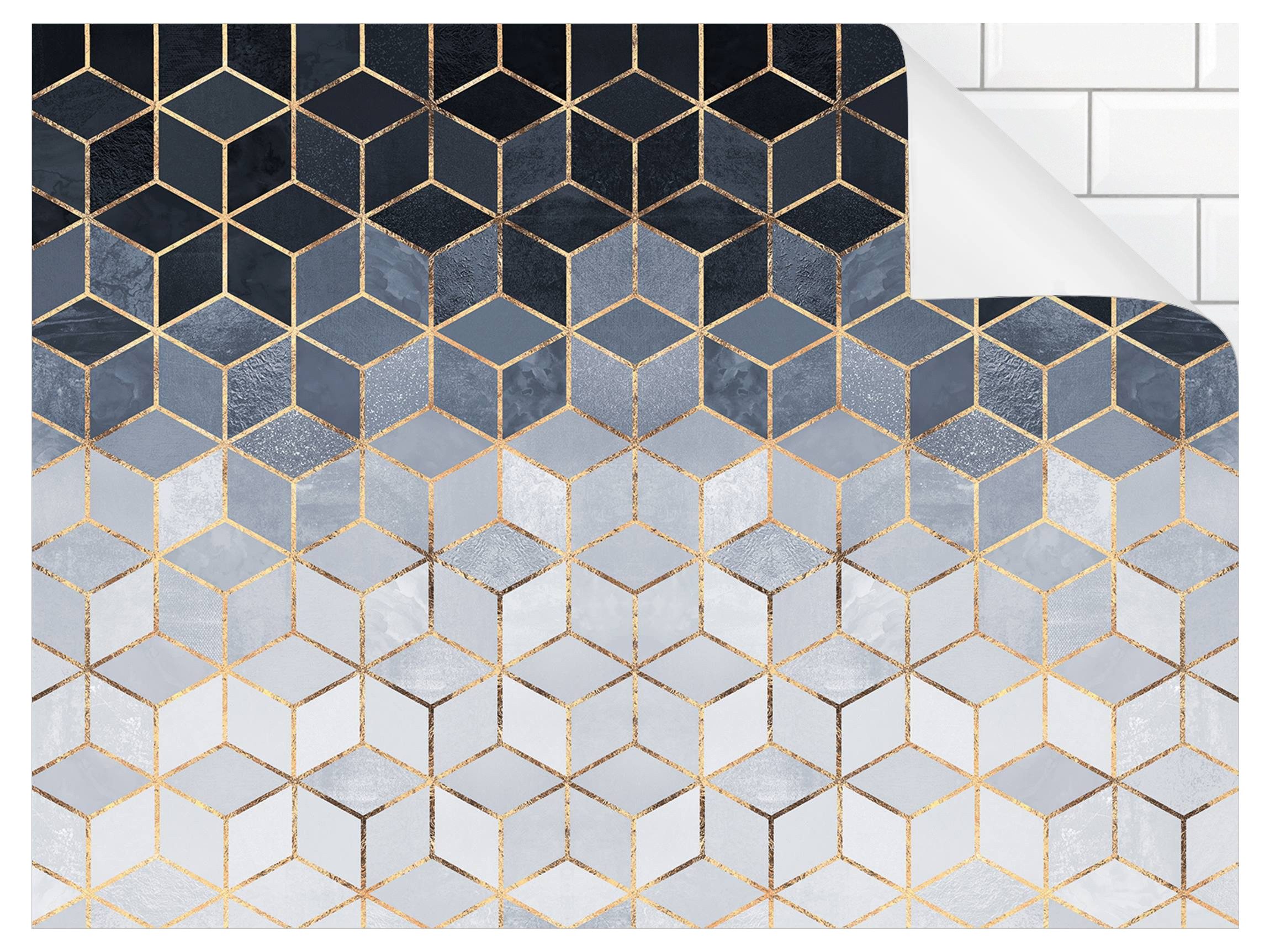 Bilderdepot24 Küchenrückwand gold dekor Abstrakt Aquarell Kunst Muster Blau Weiß goldene Geometrie, (1-tlg., Nischenrückwand - für Fliesenspiegel ohne Bohren - matt), Spritzschutz Rückwand Küche Herd - Folie selbstklebend versch. Größen