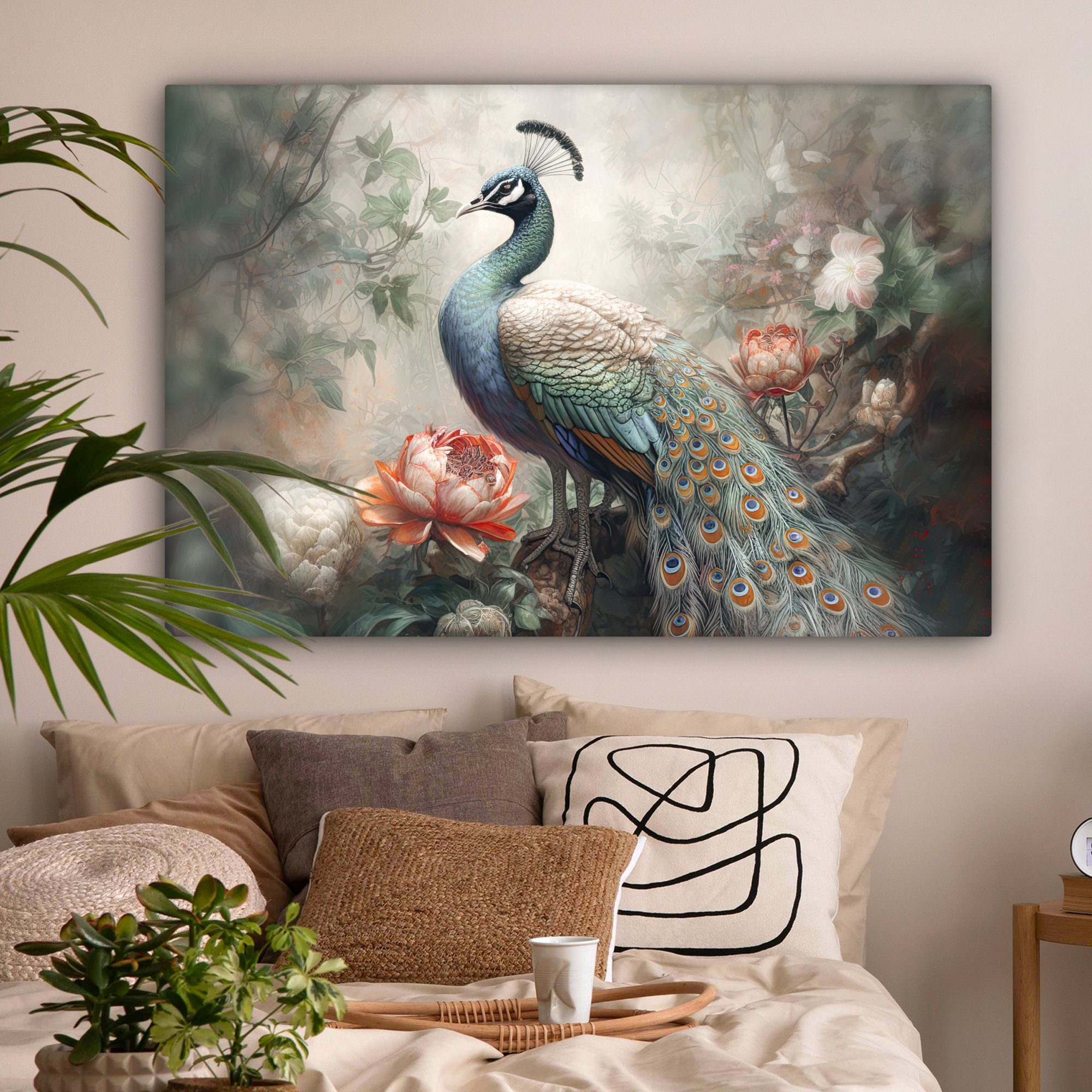 OneMillionCanvasses® Leinwandbild St), Gemälde, XXL, großes, 120x80 Vogel Wohnbereiche, Dschungel (1 für Blumen, - Pfauenfedern - - cm alle Wandbild - Pfau