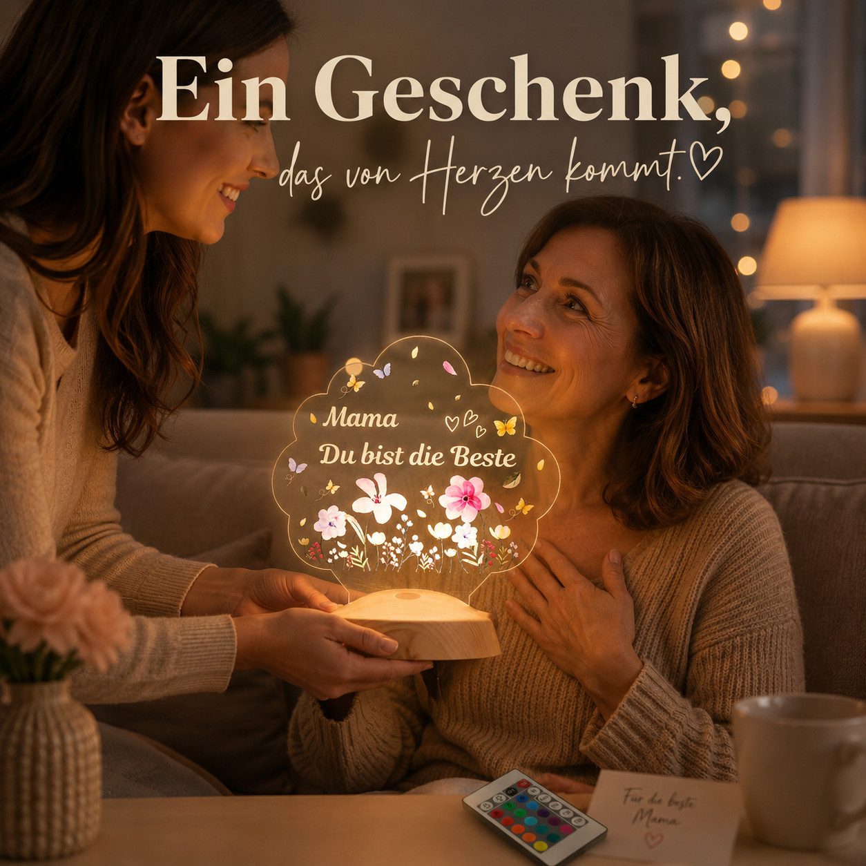 Geschenkelampe LED Nachtlicht LED Nachtlichtlampe Blütenlicht – Mama Du bist die Beste, LED fest integriert, 16 verschiedene Farben, Tageslichtweiß, Muttertag