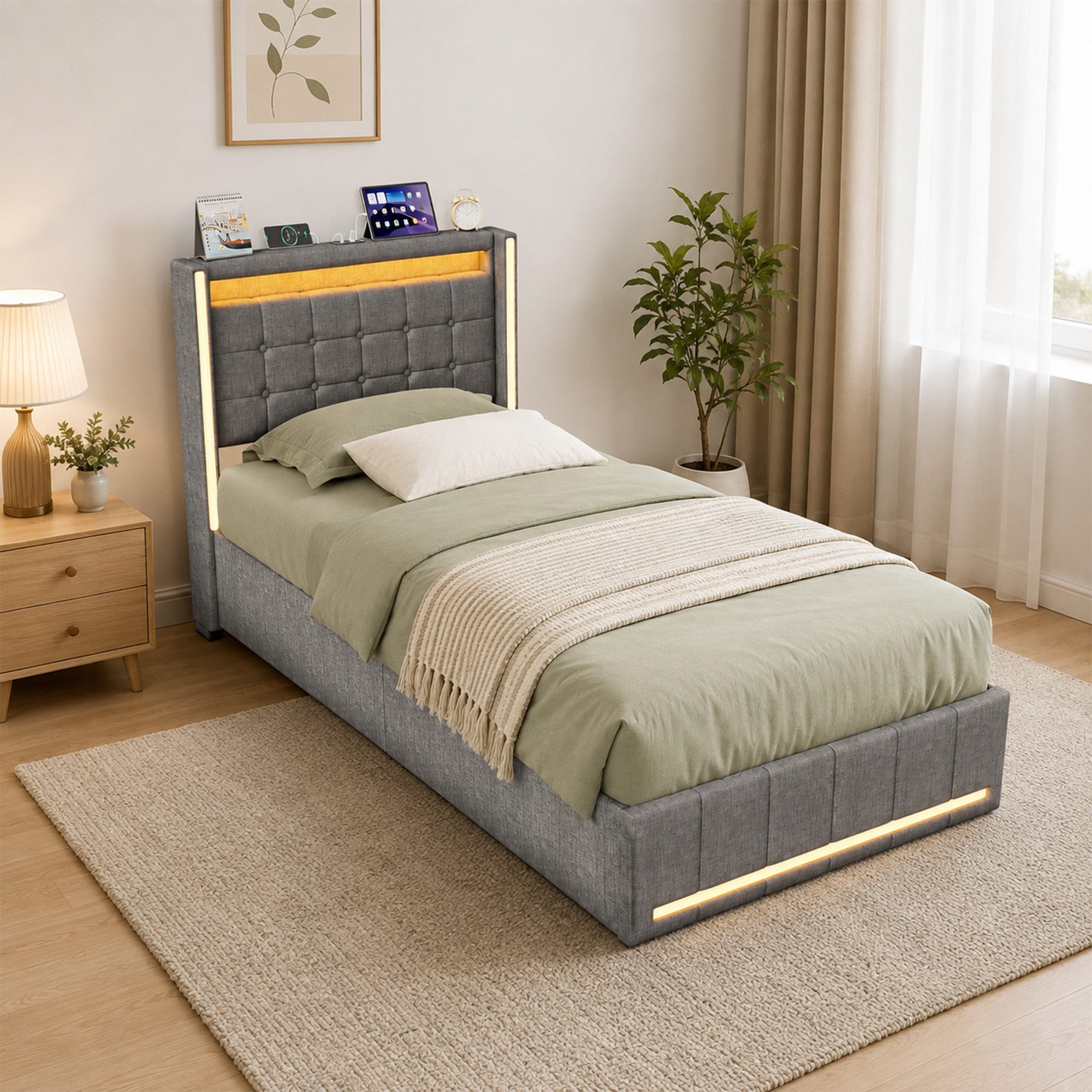 Simurq Stauraumbett Stauraumbett,Einzelbett aus Leinenstoff mit Schubladen/Bettkasten (Stauraumbett mit Lattenrost), Polsterbett 90x200 mit LED-Beleuchtung und USB-Ladestation