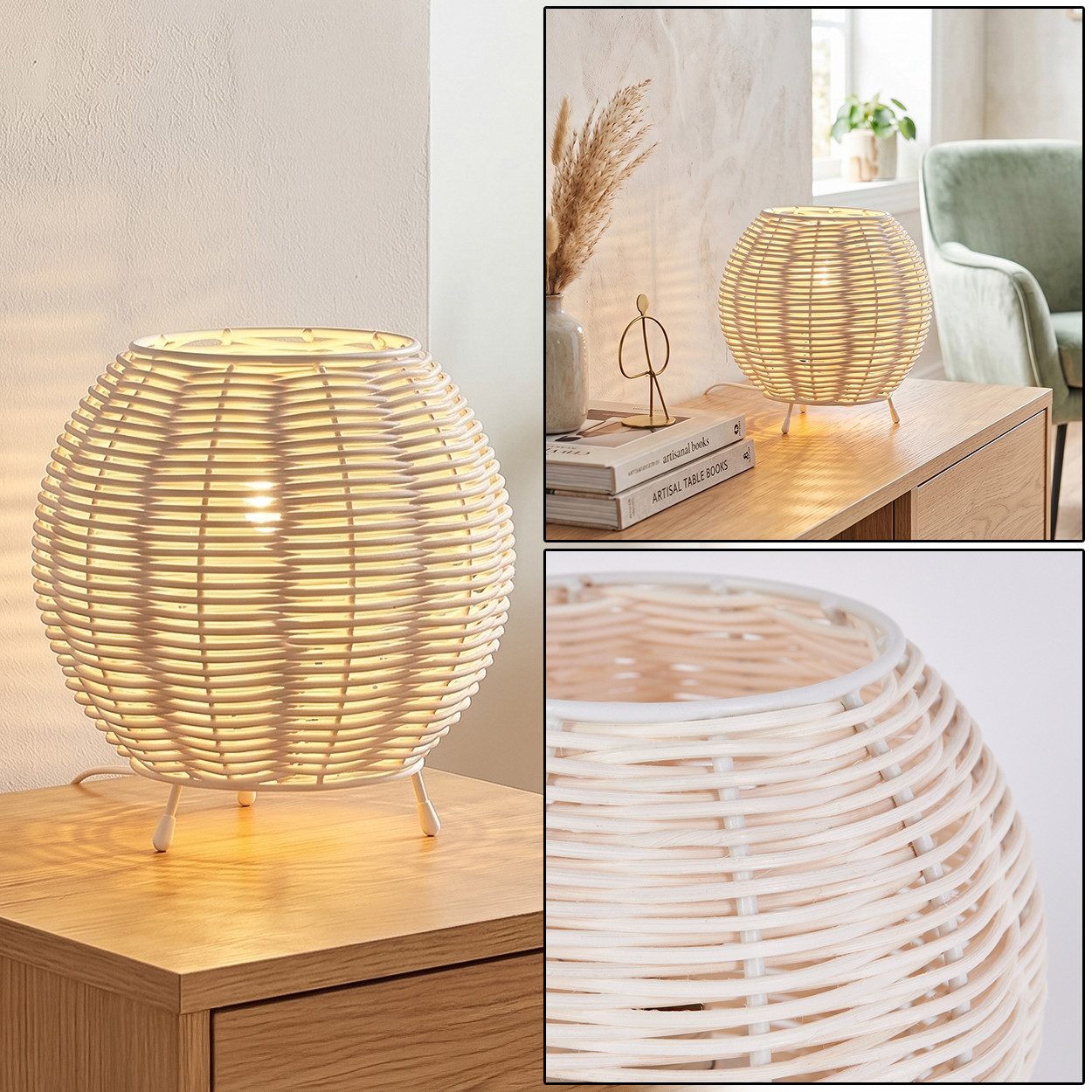 hofstein Tischleuchte Tischlampe aus Metall/Rattan in Beige/Weiß, ohne Leuchtmittel, Schirm aus Rattan (16 cm), An/-Auschalter, 1x E14, ohne Leuchtmittel