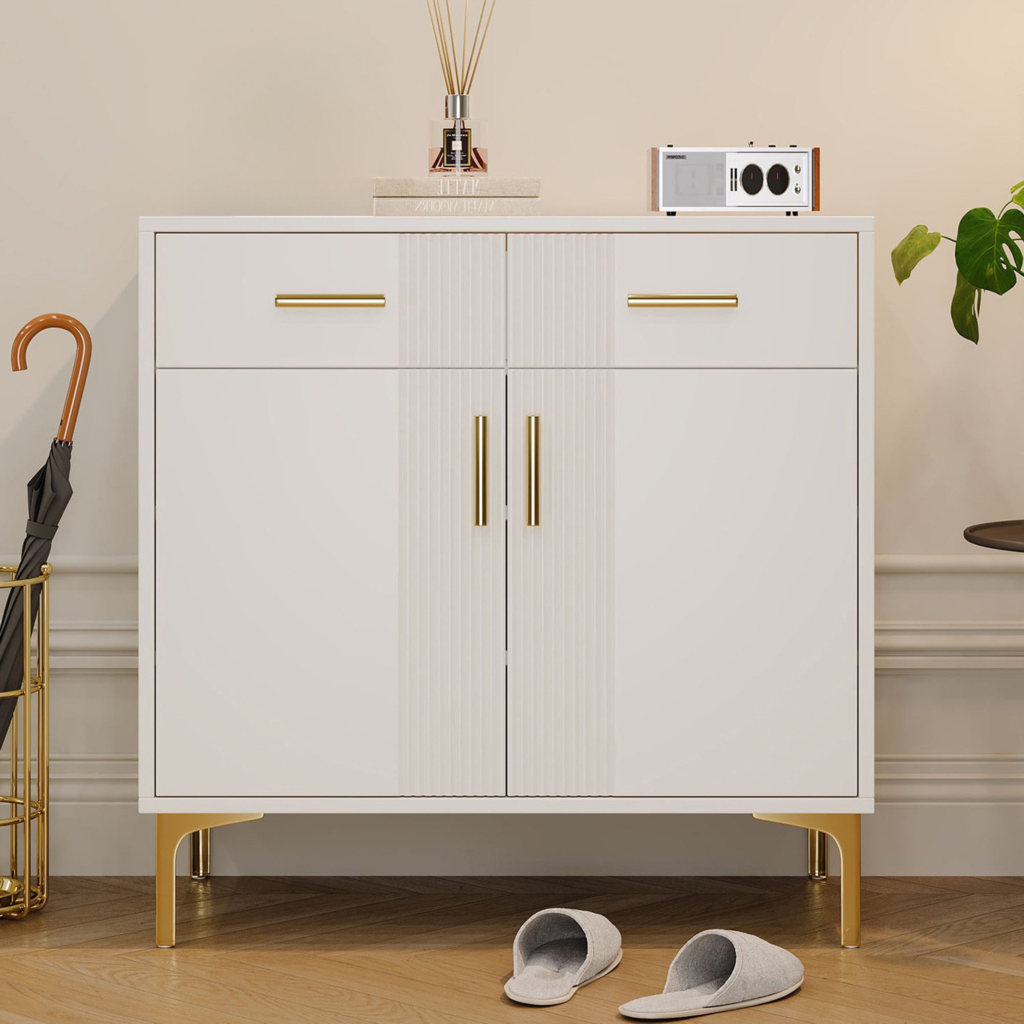 Flieks Kommode mit 2 Schubladen und 2 Türen Weiß (B80/T35/H79,5 cm, 1 St., für Wohnzimmer, Flur, Schlafzimmer und Esszimmer), Sideboard Mehrzweckschrank mit verstellbare Einlegeböden Holzschrank