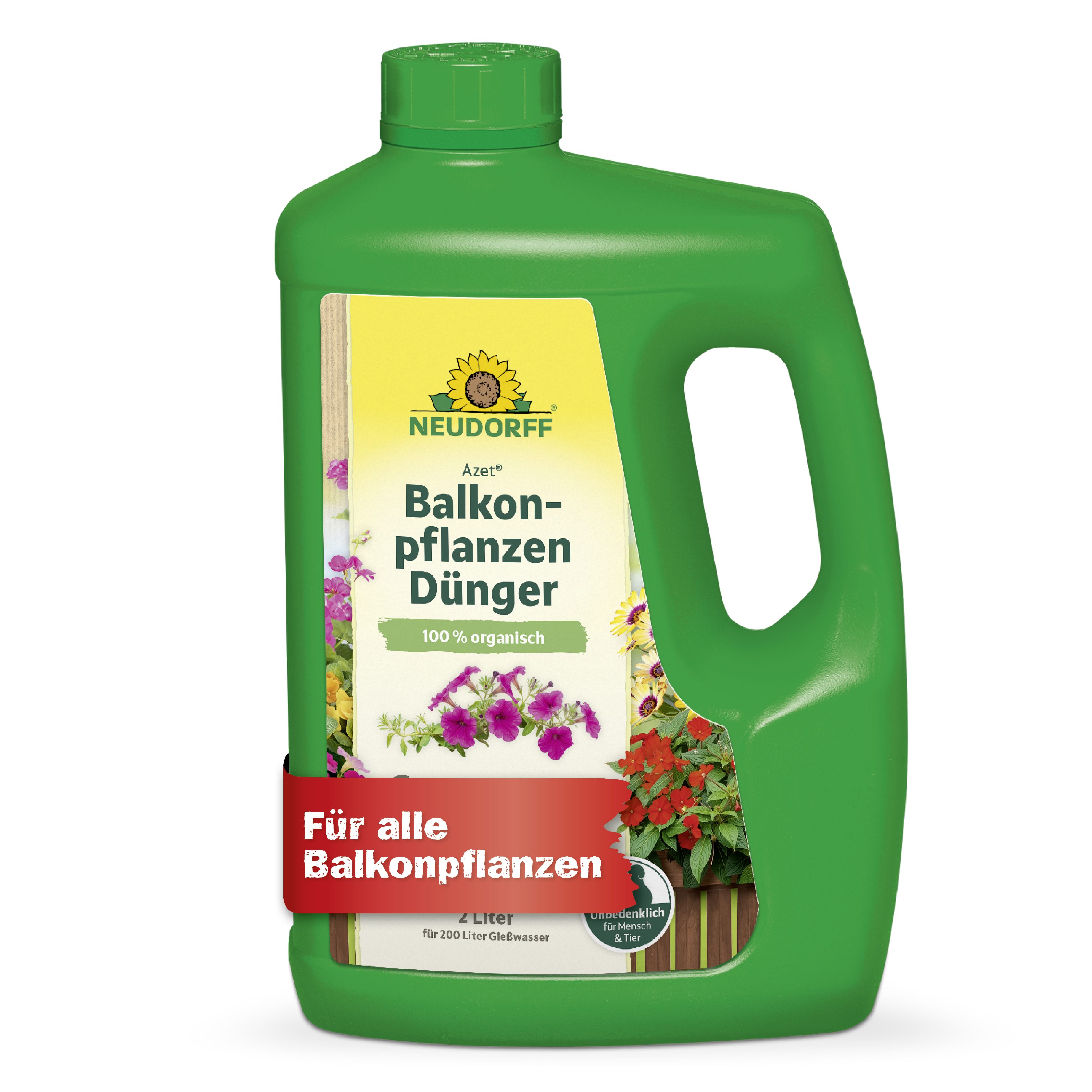 Neudorff Rasendünger Azet BalkonpflanzenDünger 2L, Flüssiger organischer NPK-Dünger für Balkonpflanzen, 2 L für bis zu 200 L Gießwasser, Unterstützt die Blütenbildung und Entwicklung neuer Knospen