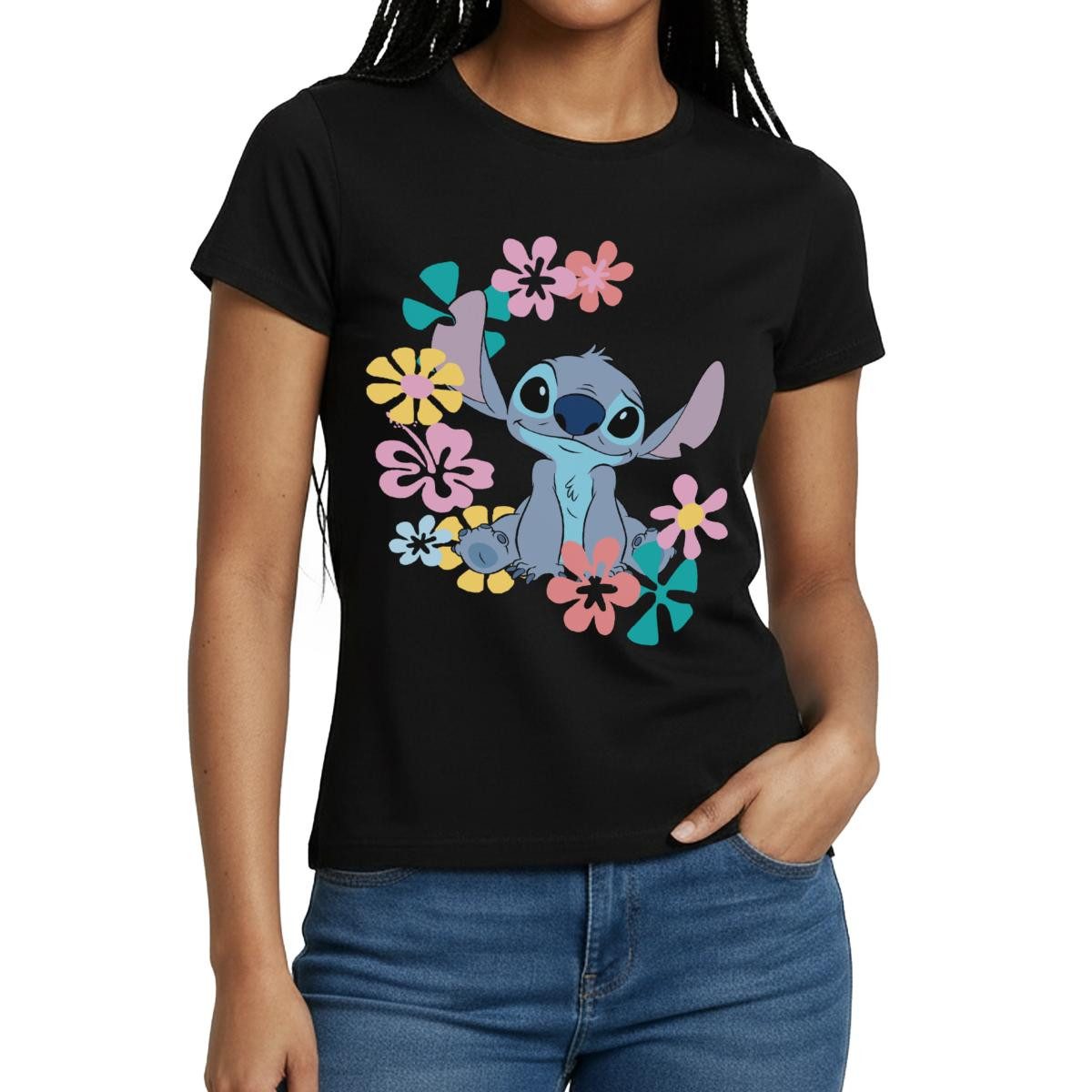 T-Shirt Lilo & Stitch, Stitch Mit Hawaiianischen Blumen Frauen T-Shirt
