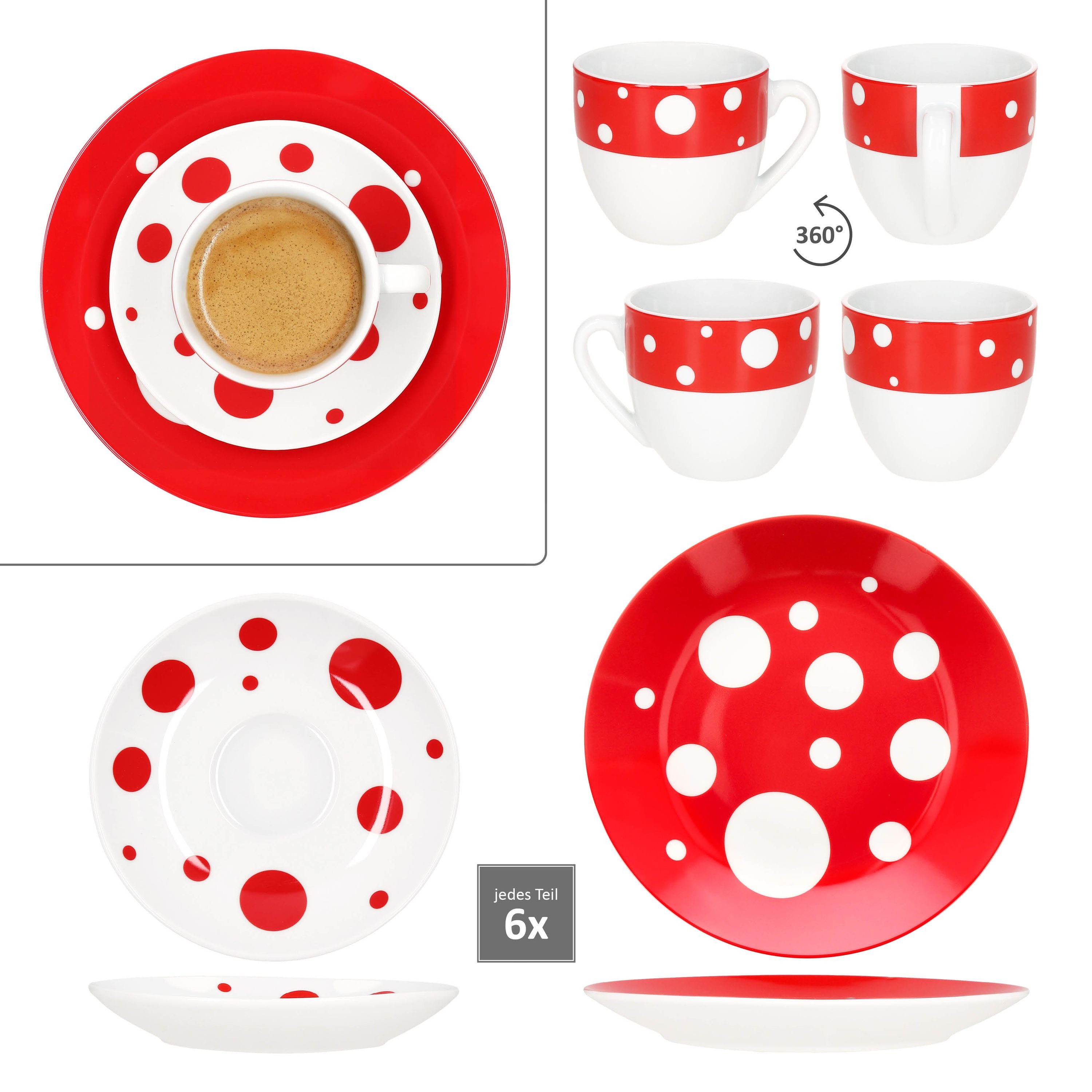 MamboCat Kaffeeservice 18tlg Kaffeeservice Pula rot Porzellan 6 Pers. Tassen Teller Punkte, Porzellan