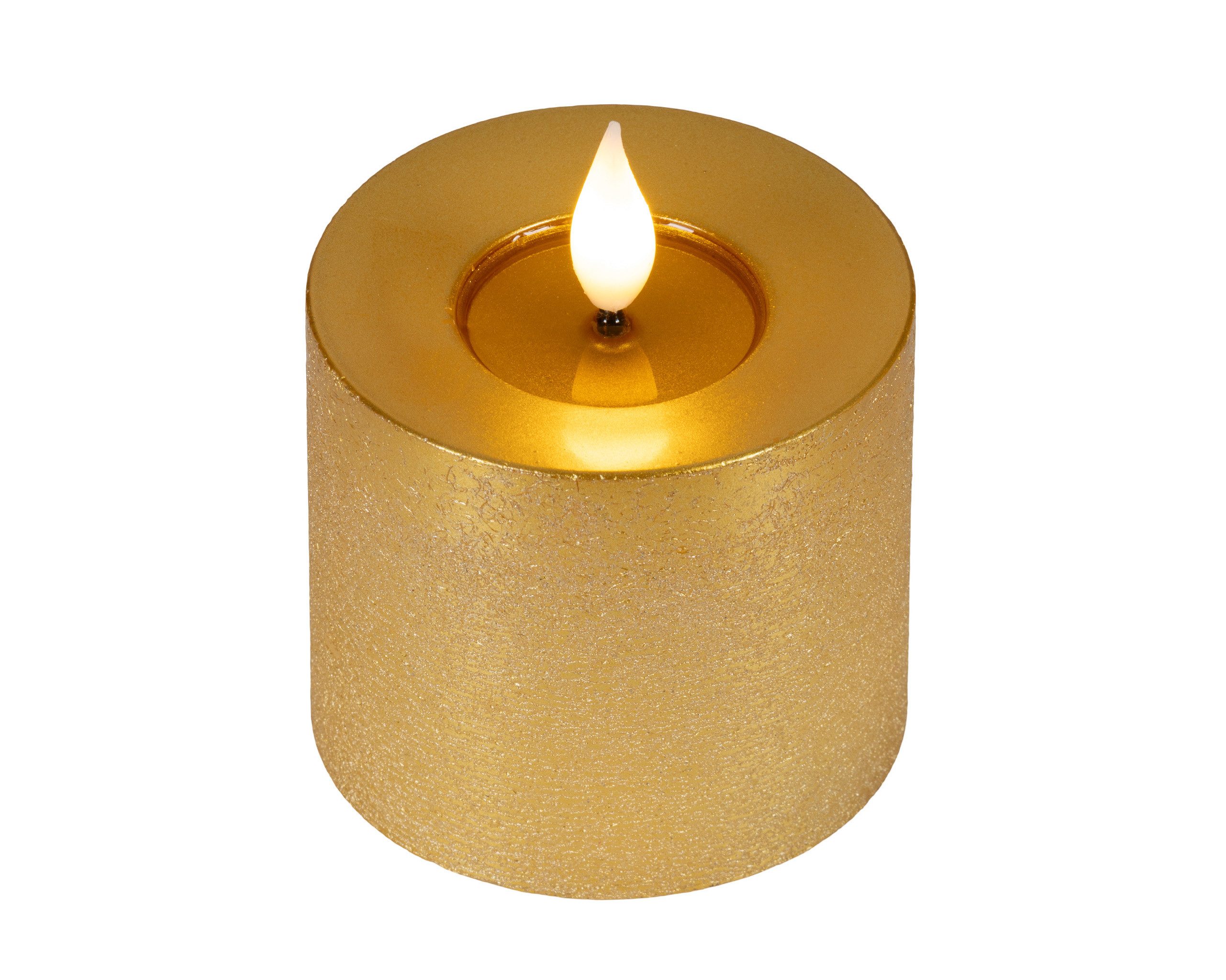 Lumineo LED-Kerze, Timer, warmweiß, LED Kerze 7,5x9,5cm mit Timer Wachs Flacker-Effekt Gold / Warmweiß