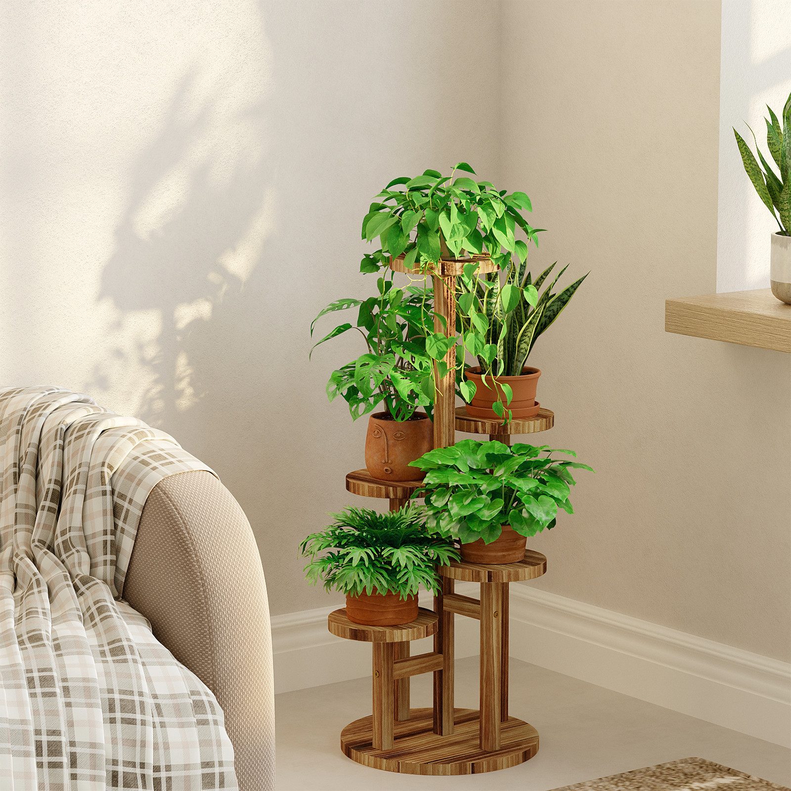 Bamworld Blumenständer Holzblumenständer 5-stufig – Platzsparender Pflanzenträger (1 St), für Wohnzimmer, Garten & Terrasse – Stilvoller Pflanzenhalter