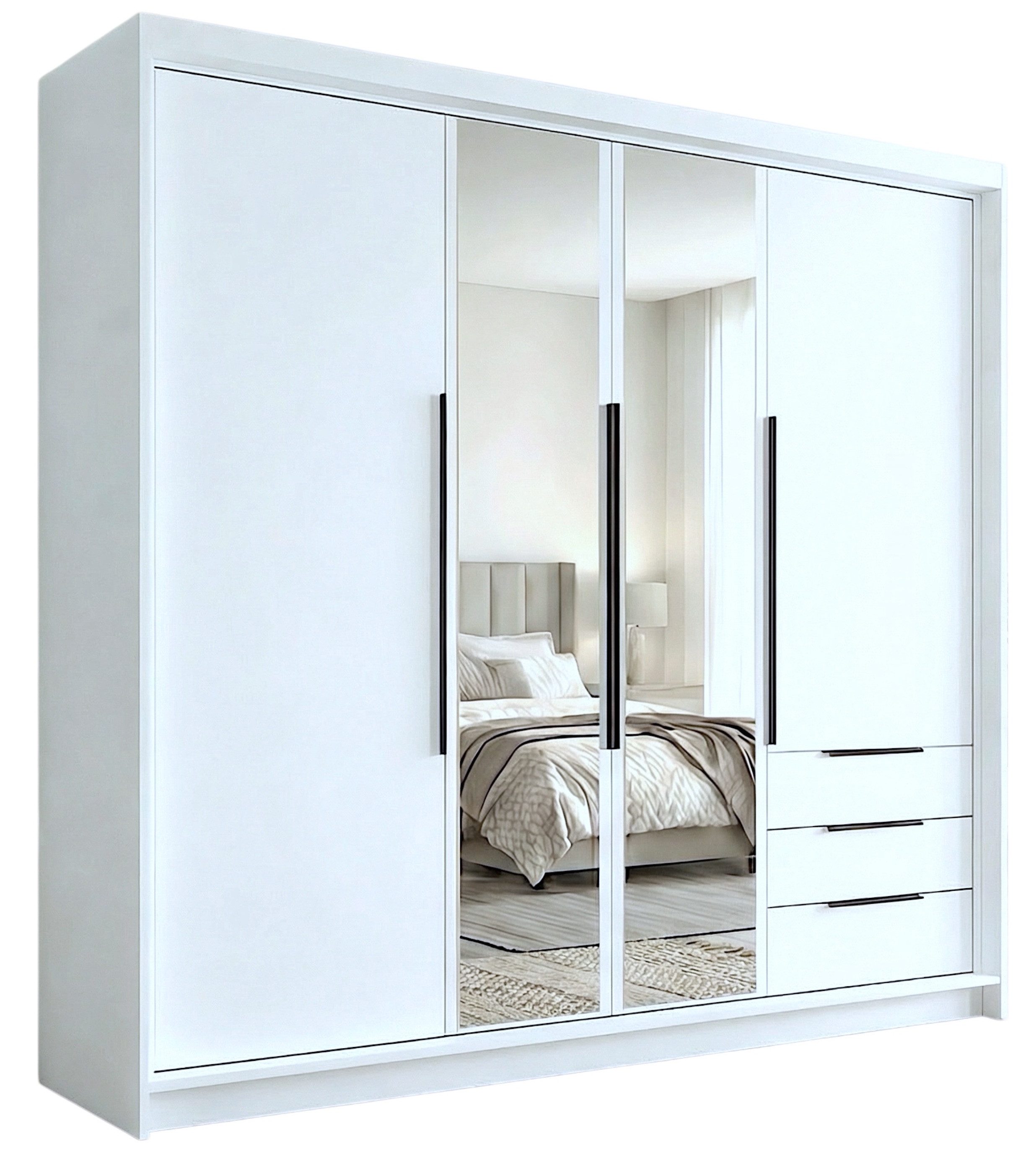 A&J MöbelLand GmbH Drehtürenschrank VIVO mit integrierten Schubladen (Geräumiger vier¬türiger Kleiderschrank mit Schubladen und Metallgriffen. Geräumiger Schrank mit einer Breite von 200 cm und Schubladen, ideal zur Aufbewahrung von Kleidung und Accessoires. Viel Stauraum. TOP PRODUKT! Wählen Sie das ideale Modell für Ihr Schlafzimmer!, TOP ANGEBOT) Breite: 200 cm, Höhe: 215 cm, Tiefe: 59,5 cm