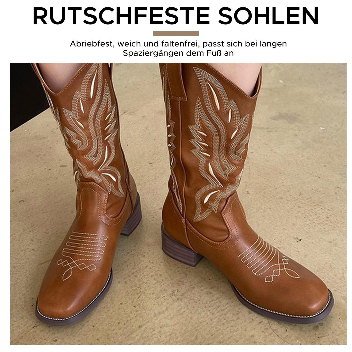 Leder Damen Braun Reiten Westernstiefel Hochzeits Stiefel Cowboy Stickerei Daisred