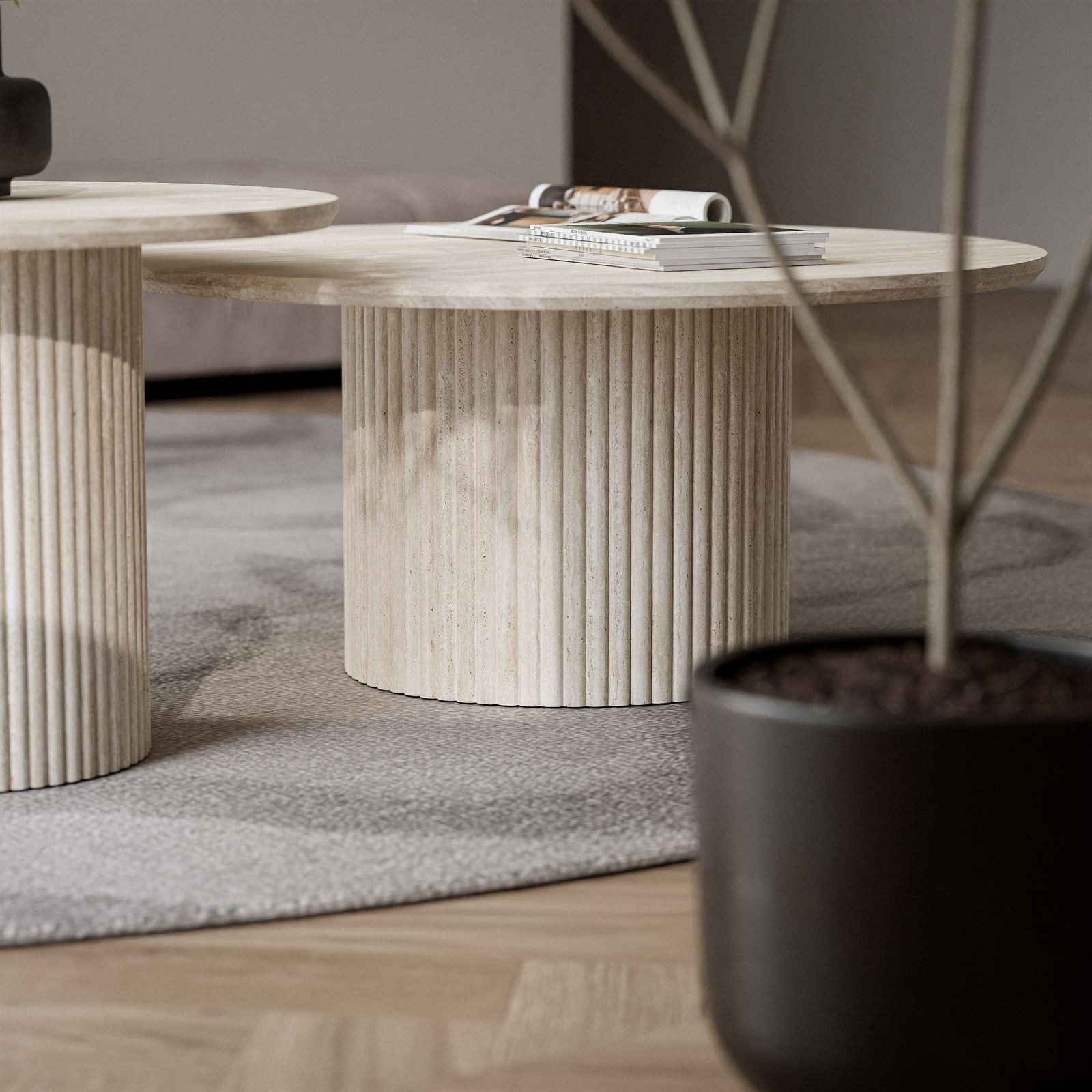 yourhouse24 Couchtisch -Set ORI 2-in-1 (Rund) – Riffel-Optik & Lamellen-Design (2er Set), Ø 80 cm & Ø 60 cm (Höhe: 36/42 cm) – platzsparend ineinanderschiebbar – Bild 4 von 5