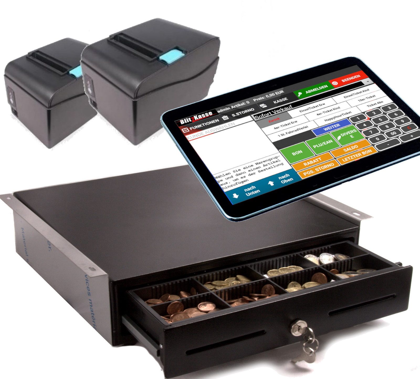 Kassensystem 10" Mobile Kasse für Restaurant, Biergarten mit 2xBondrucker, Geldlade