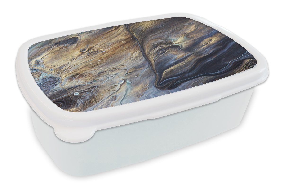 MuchoWow Lunchbox Marmor - Gold - Aquarell - Textur - Marmoroptik, Kunststoff, (2-tlg), Brotbox für Kinder und Erwachsene, Brotdose, für Jungs und Mädchen weiß