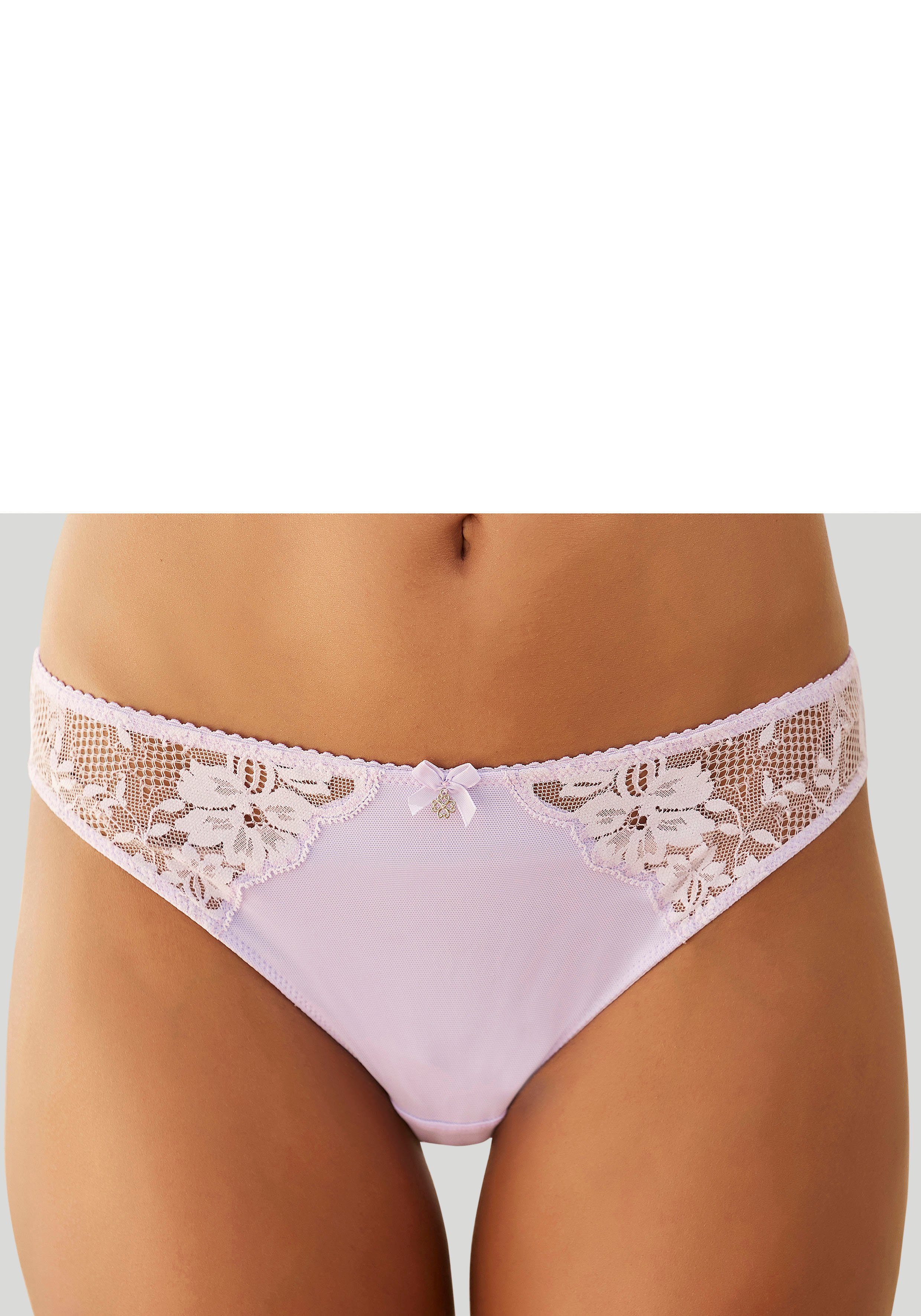 LASCANA Tanga aus floraler Spitze transparenter Optik in dezent lila