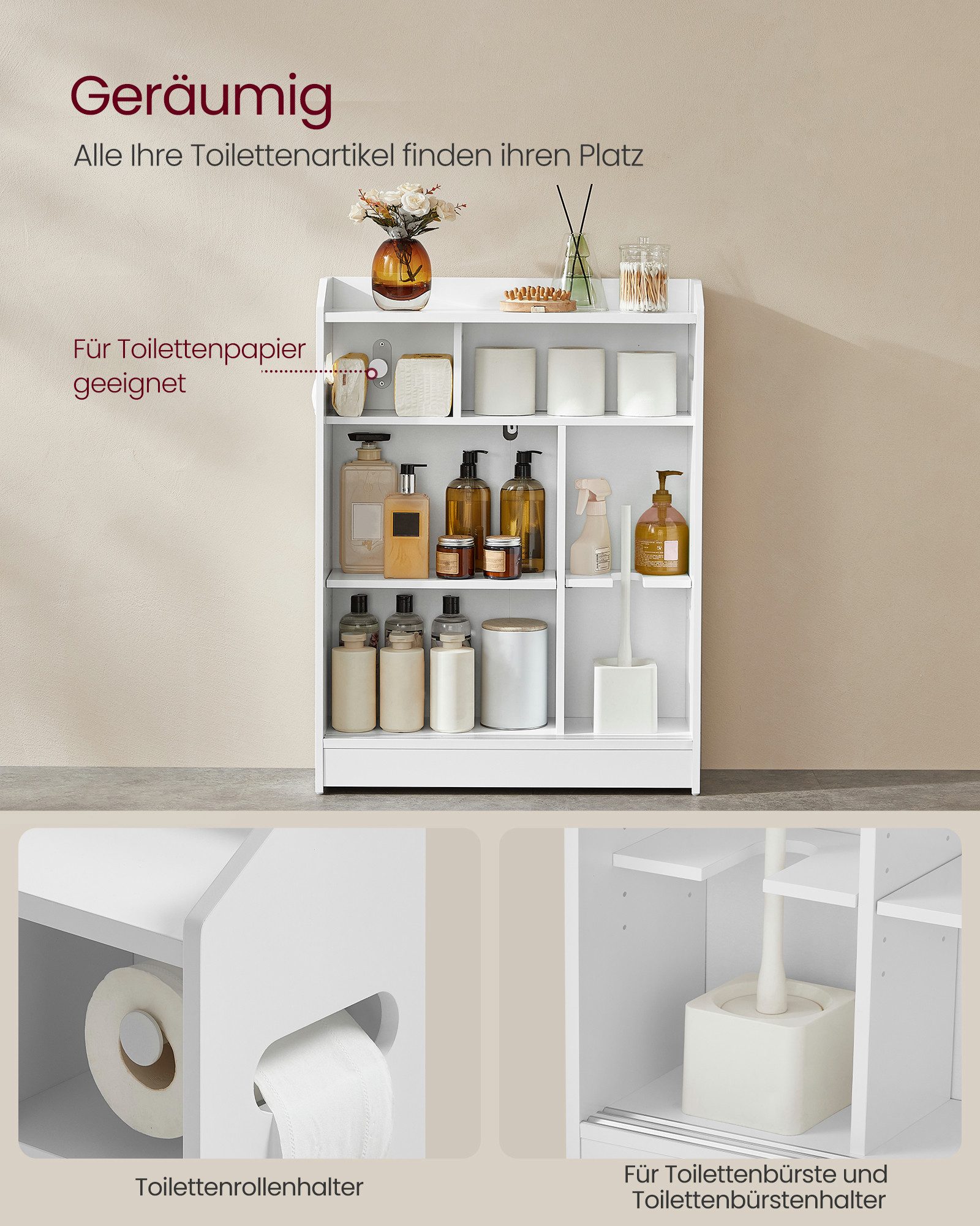 VASAGLE Badkommode Badezimmerschrank, Toilettenrollenhalter, Badschrank platzsparend, 60 x 20 x 80 cm, Schiebetüren, verstellbare Einlegeböden