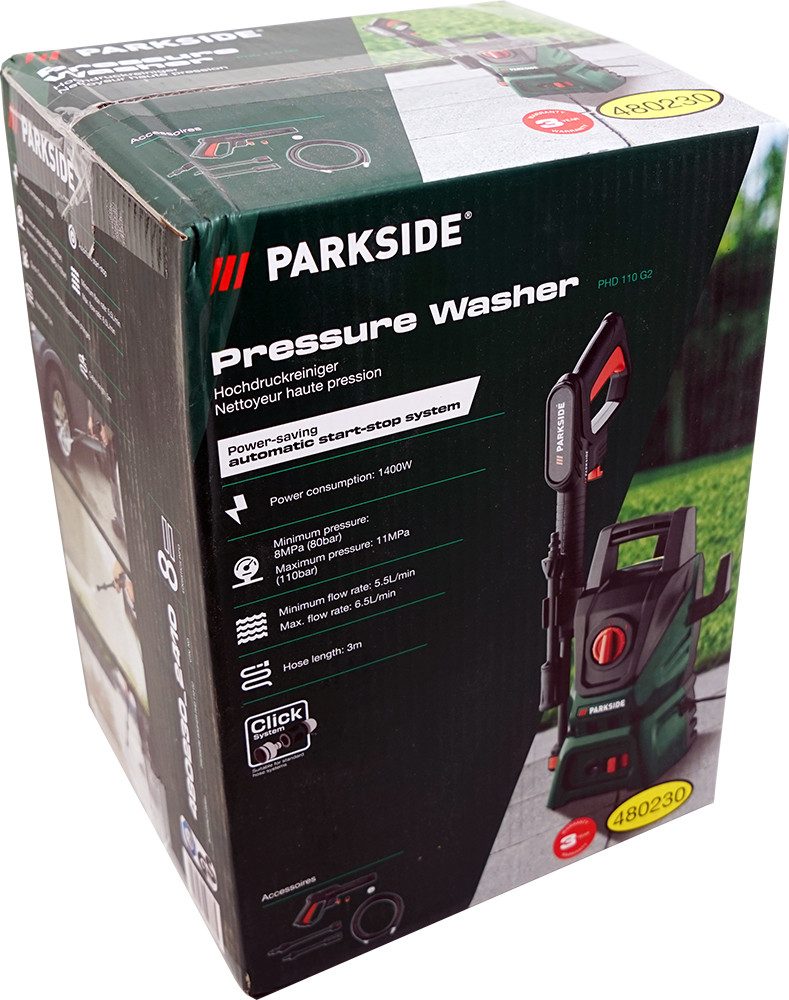 Parkside Hochdruckreiniger Hochdruckreiniger PHD 110 G2, Druck max: 80 bar, Fördermenge max: 390 l/h, Stromsparendes Auto-Start-Stopp-System